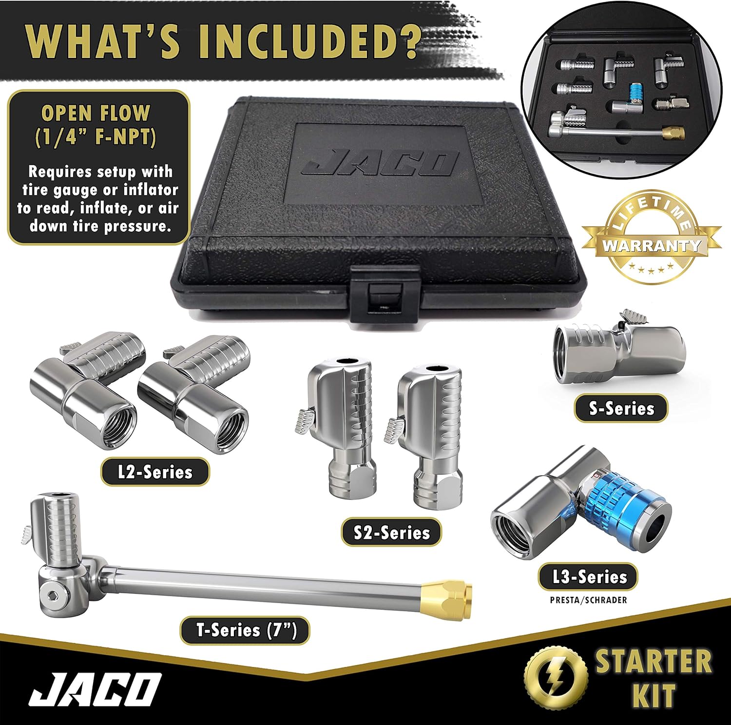 JACO Lightning Tire Air Chuck Kit (Set of 7) | Open Flow, 1/4" F-NPT L872832