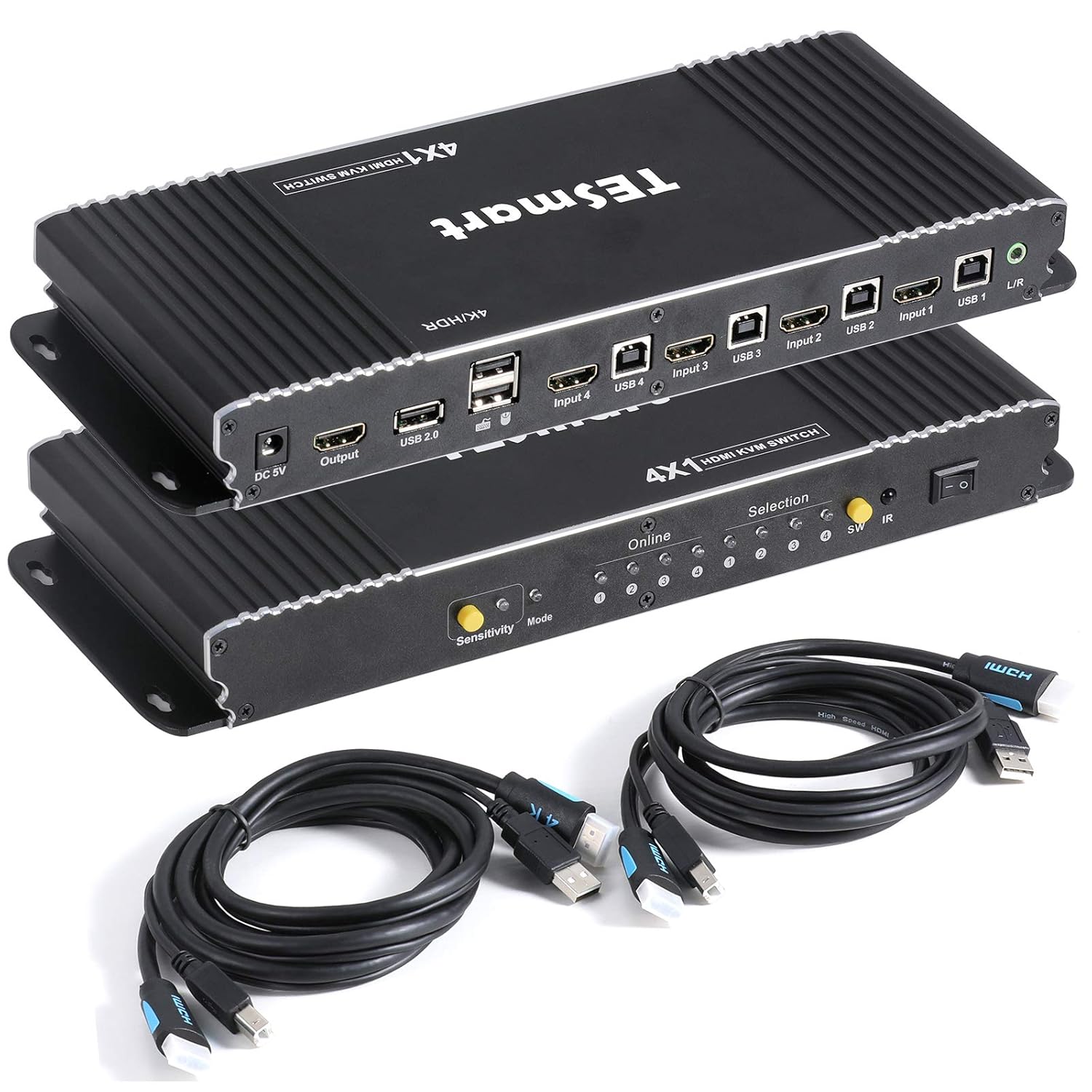 TESmart HDMI KVM Switch 4 Port 4K 60Hz with 2 KVM Cables (Black) U1466