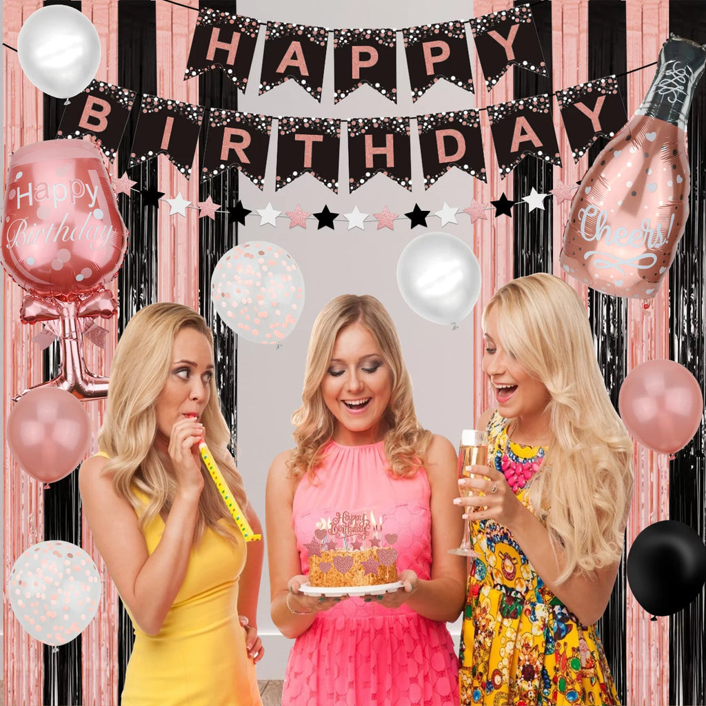 Rose Gold and Black Birthday Party Decorations with Banner, Balloons, Tablecloth and Cake Topper N340932