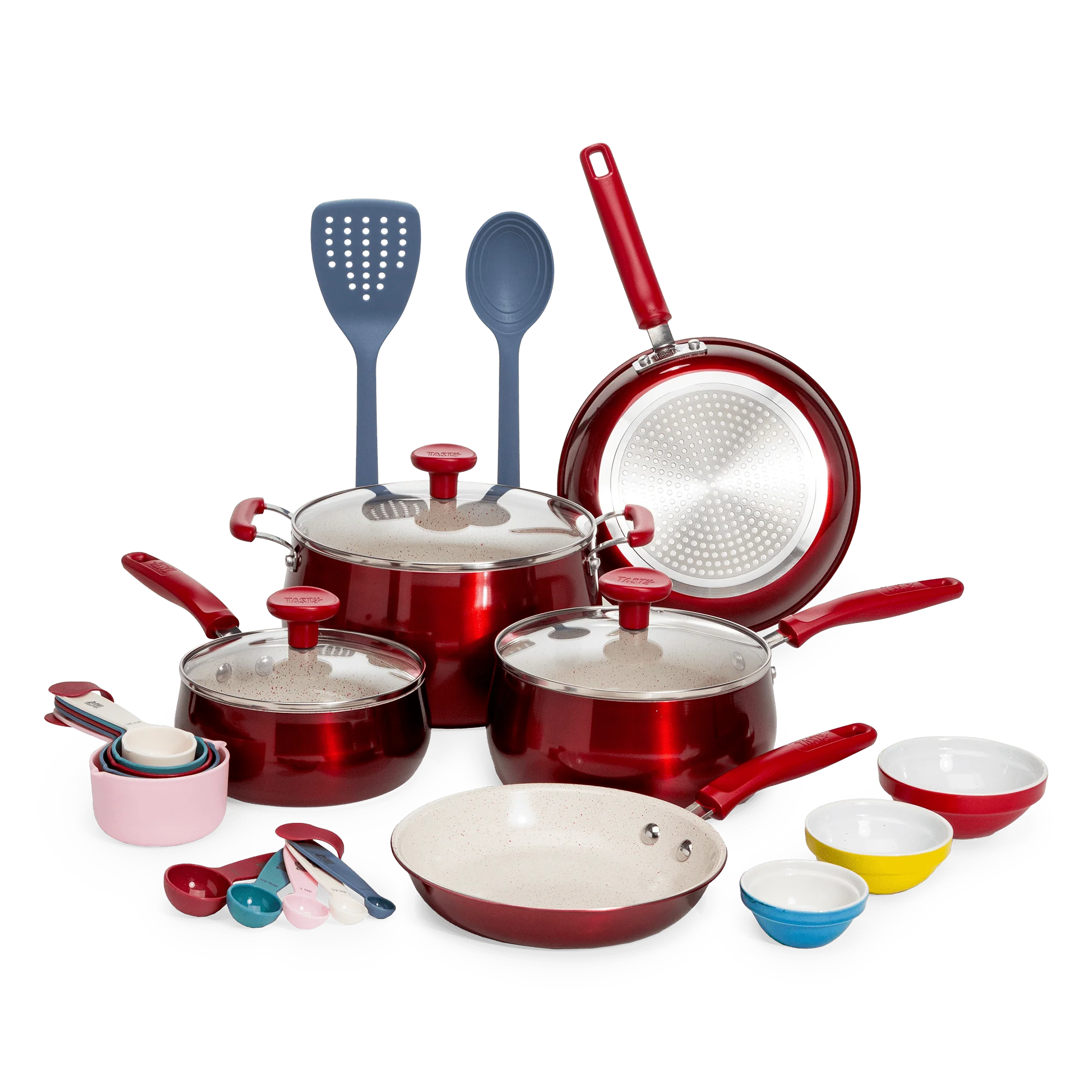 Tasty Clean Ceramic 23 Piece Non-Stick Aluminum Cookware Set, Red