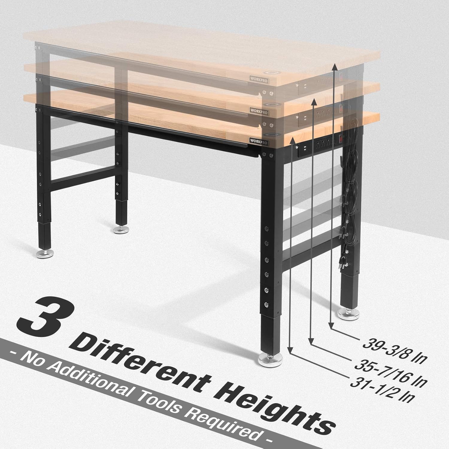 WORKPRO 48" Adjustable Workbench with Rubber Wood Top and Power Outlets T368611