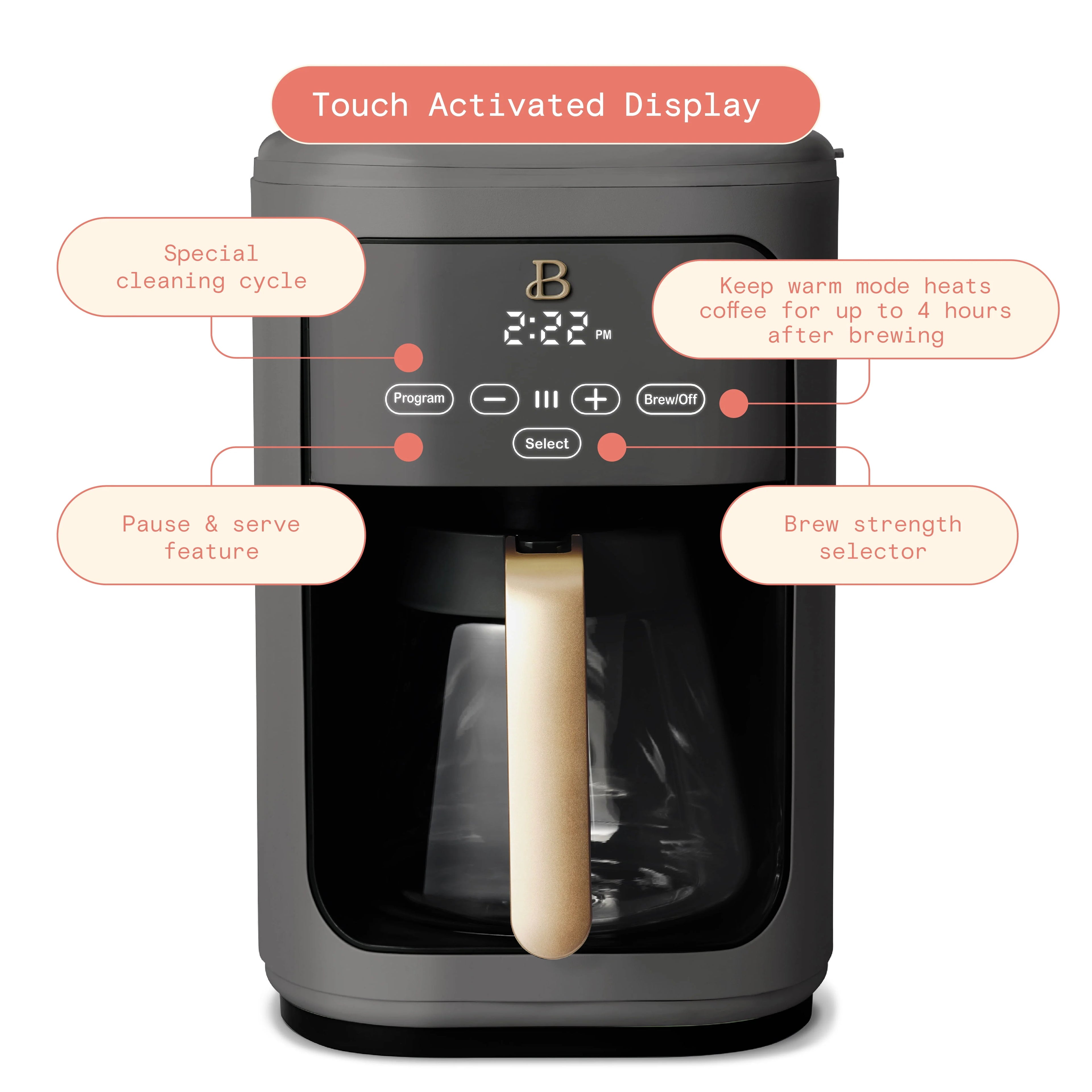 Beautiful 14-Cup Programmable Drip Coffee Maker with Touch Display, White Icing by Drew Barrymore F83994