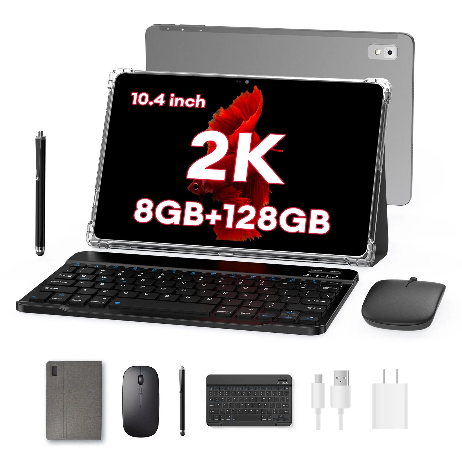 Headwolf Android Tablet with Keyboard, FHD 2K Display 10.4 Inch 2 in 1 Tablet, Octa Core Gaming Tablet with Case Mouse Stylus, 7000mAh Battery Fast Charge, 20MP Camera, 2024 Latest 2.4G/5G WiFi Tablet