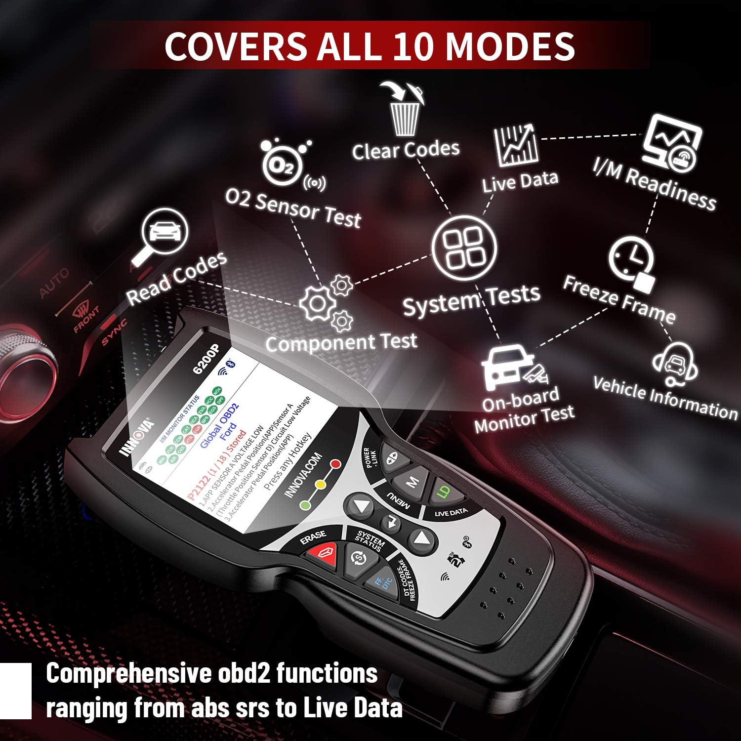 Innova 6200P OBD2 Scanner ABS SRS Transmission Code Reader with Battery Registration R254986