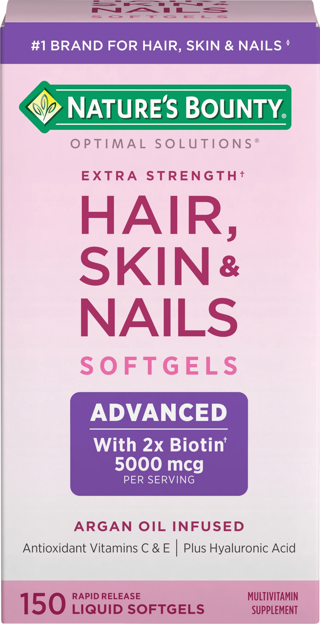 Nature's Bounty Optimal Solutions Advanced Hair, Skin and Nail Biotin & Vitamins A, C, & E Softgels, 150 Count