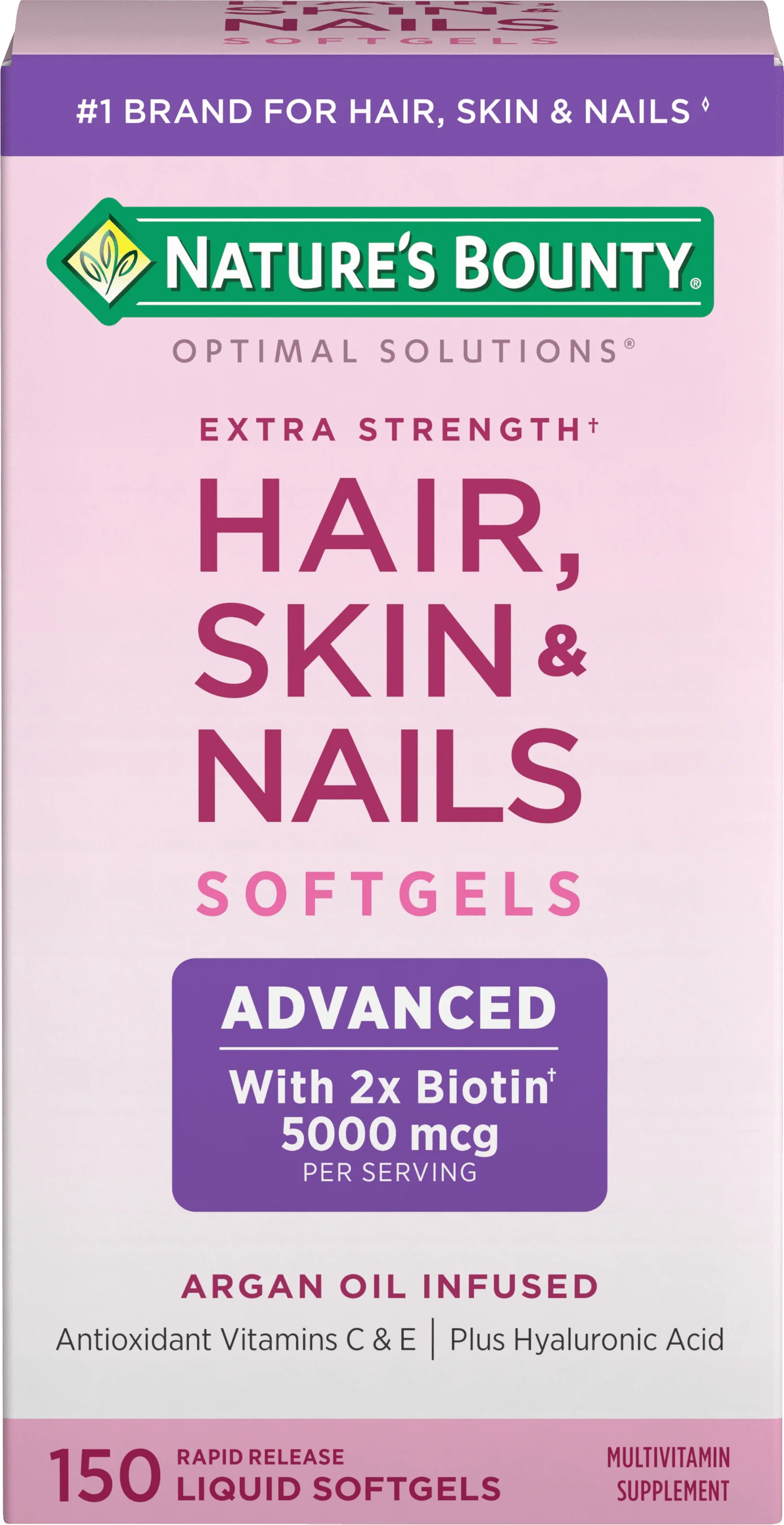 Nature's Bounty Optimal Solutions Advanced Hair, Skin and Nail Biotin & Vitamins A, C, & E Softgels, 150 Count