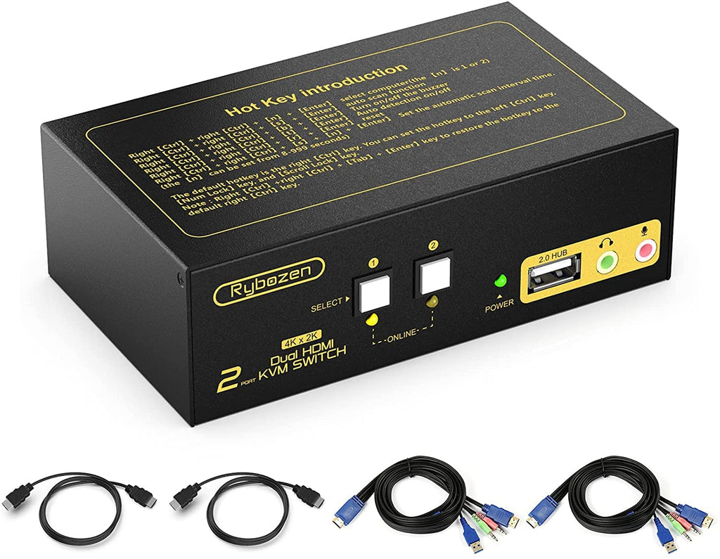 Rybozen HDMI KVM Switch 2 Port Dual Monitor Extended Display, 4K USB KVM Switch HDMI with Audio Microphone Output and USB 2.0 Hub, PC Monitor Keyboard Mouse Switcher Pack of 2