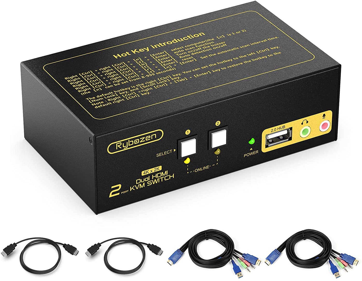 Rybozen HDMI KVM Switch 2 Port Dual Monitor Extended Display, 4K USB KVM Switch HDMI with Audio Microphone Output and USB 2.0 Hub, PC Monitor Keyboard Mouse Switcher Pack of 2