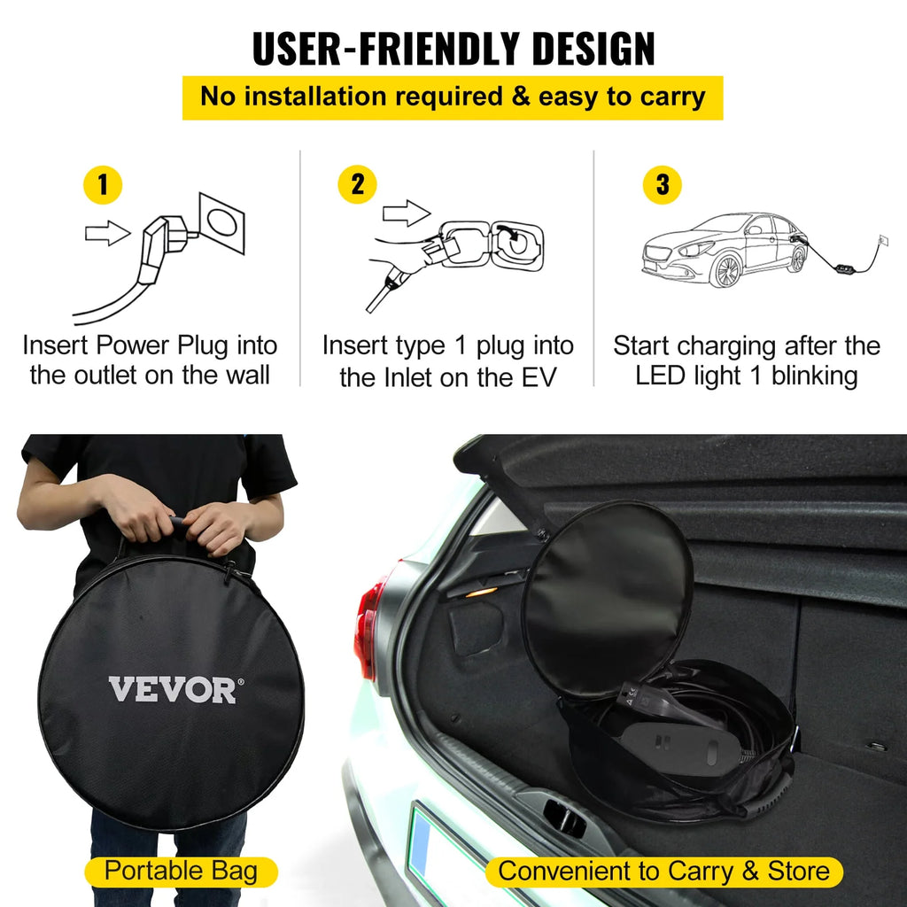 VEVOR Level 2 EV Charger, 16 Amp Portable with 25 ft Cable, J1772 Plug L434477