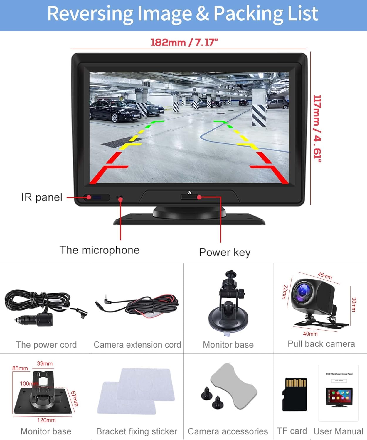 Portable Bluetooth Car Stereo with Carplay, Android Auto, 7" Backup Camera and DVR O923149