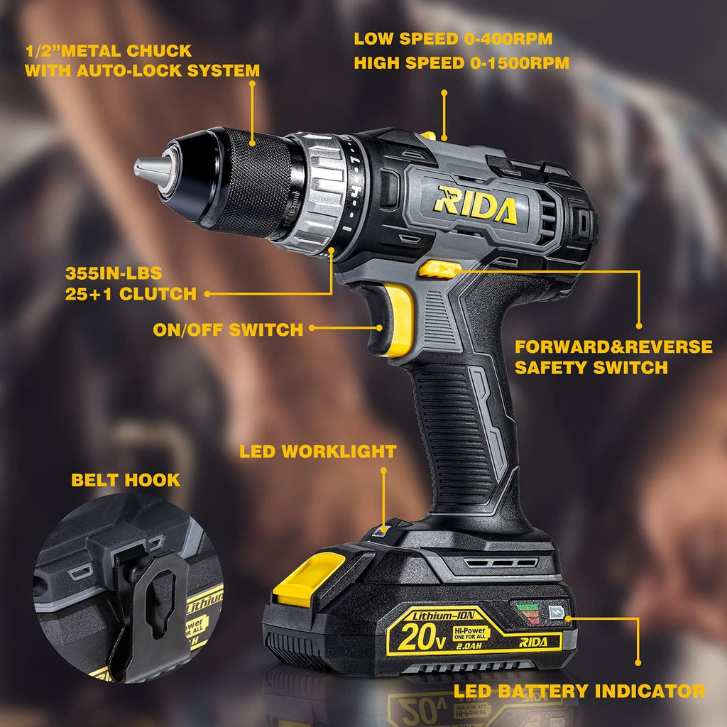 RIDA Cordless Drill 20V Power Drill Set with 2.0Ah Battery and Charger M851