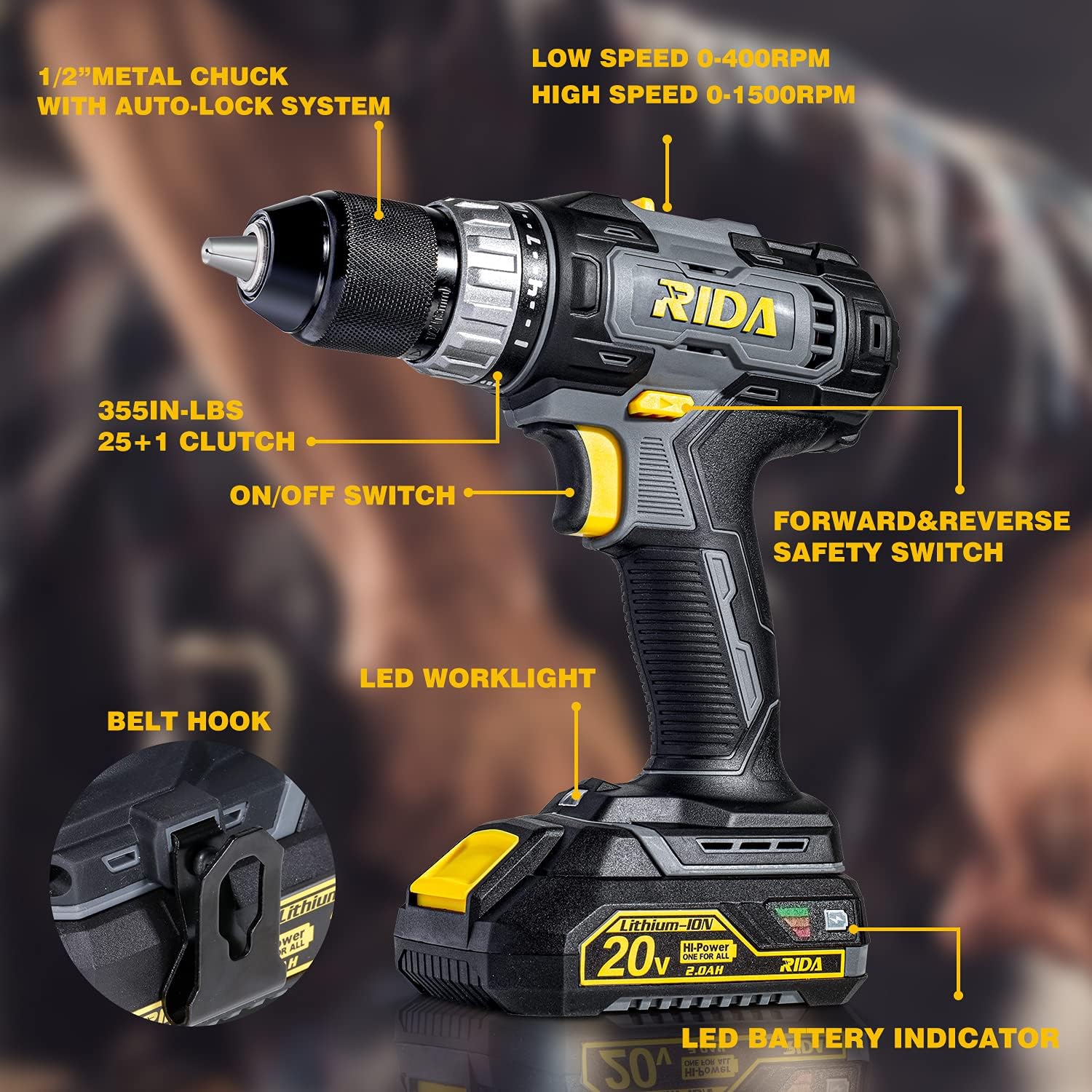 RIDA Cordless Drill 20V Power Drill Set with 2.0Ah Battery and Charger M851