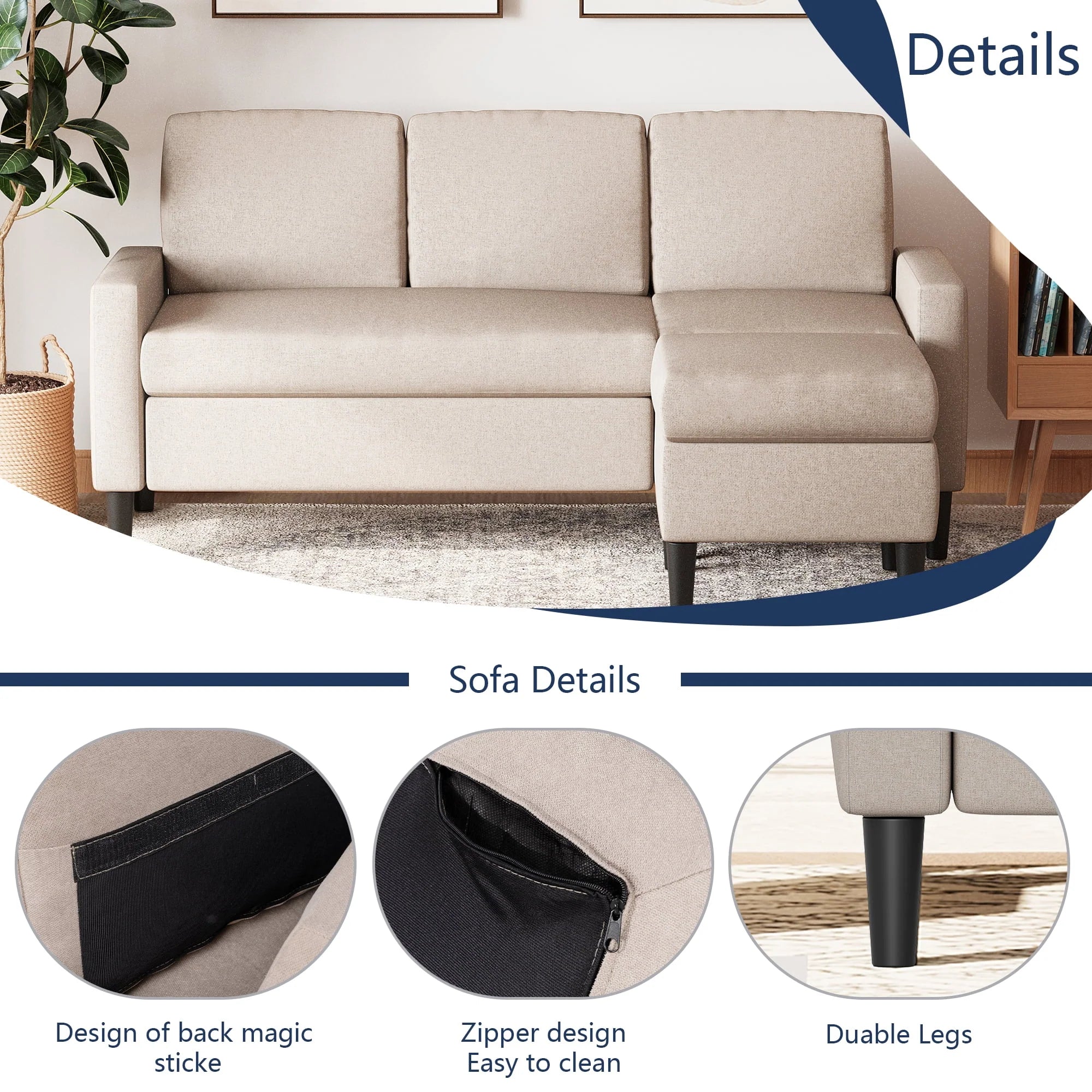 Walsunny Convertible Sectional Sofa Couch, L-Shaped with Reversible Chaise, Grayish Black A704