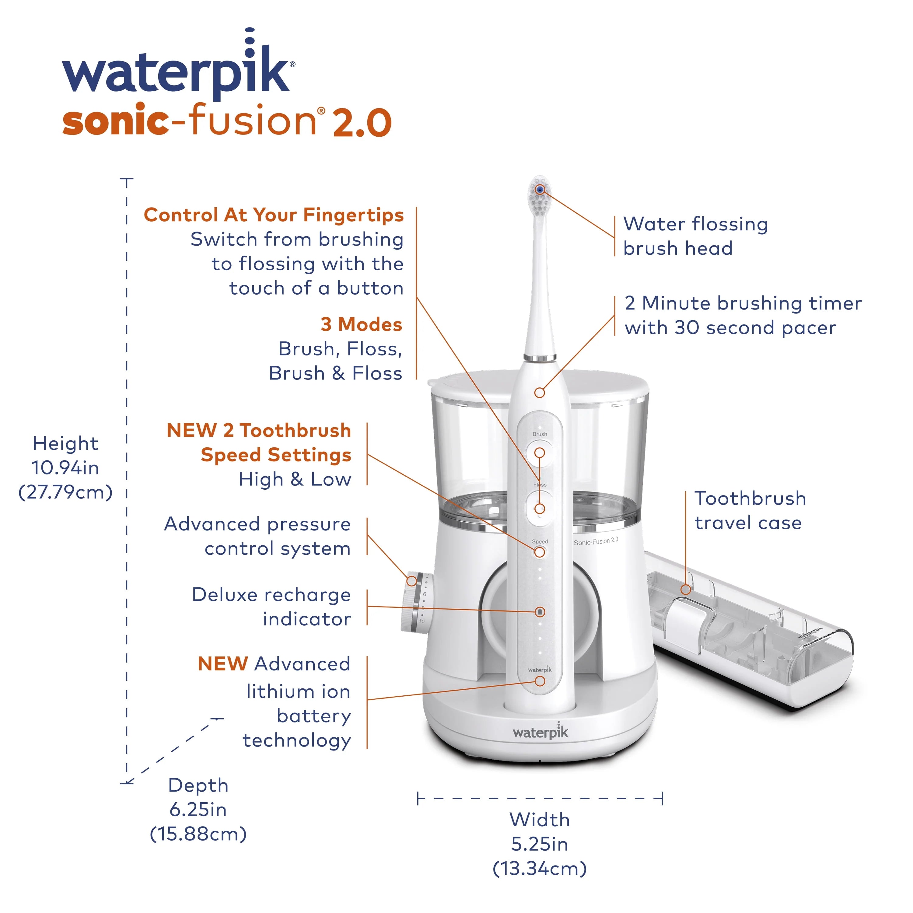 Waterpik Sonic-Fusion 2.0 Flossing Toothbrush, Electric Toothbrush & Water Flosser, White O257