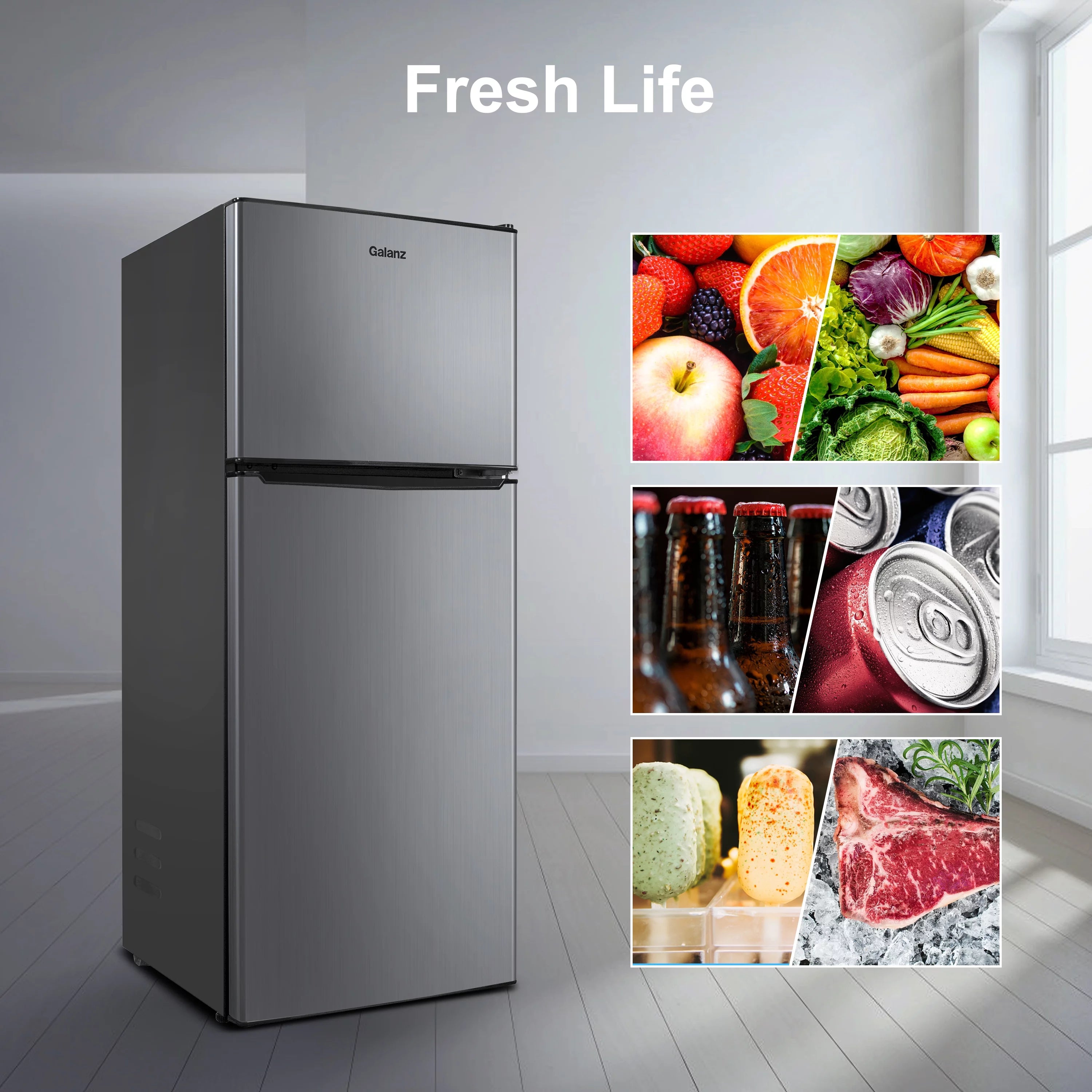 Galanz 4.6 Cu ft Two Door Mini Refrigerator with Freezer, Stainless Steel T8360