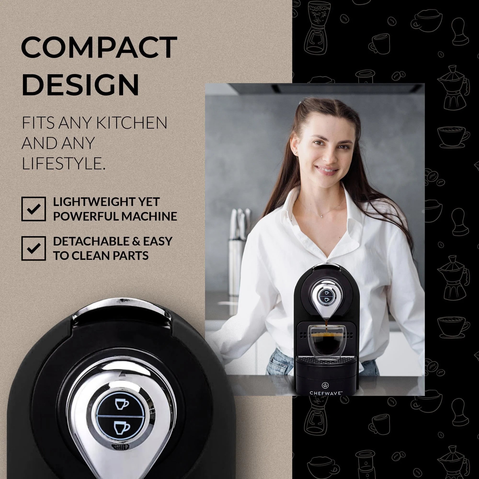 ChefWave Espresso Machine for Nespresso Capsules, Black, with Holder and Cups Z2142
