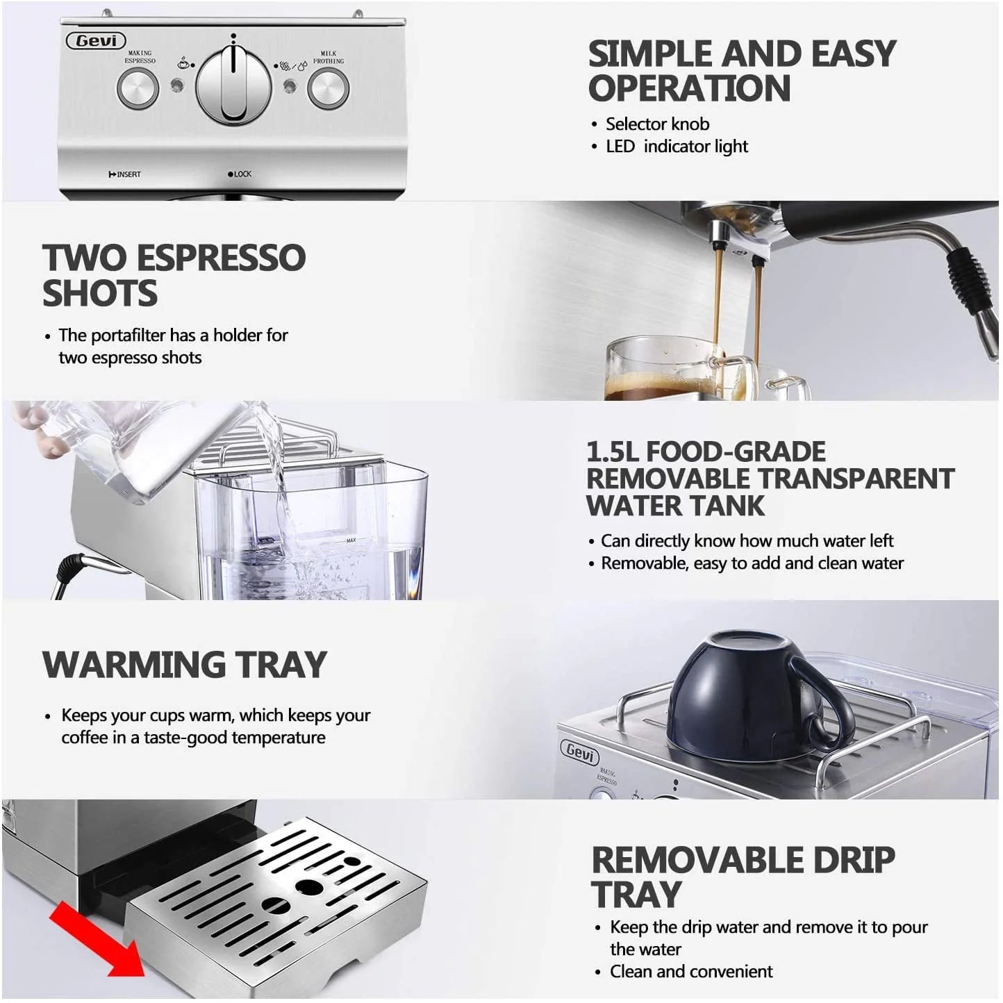 GEVI Silver Stainless Steel 15 Bar Espresso Machine Y2755