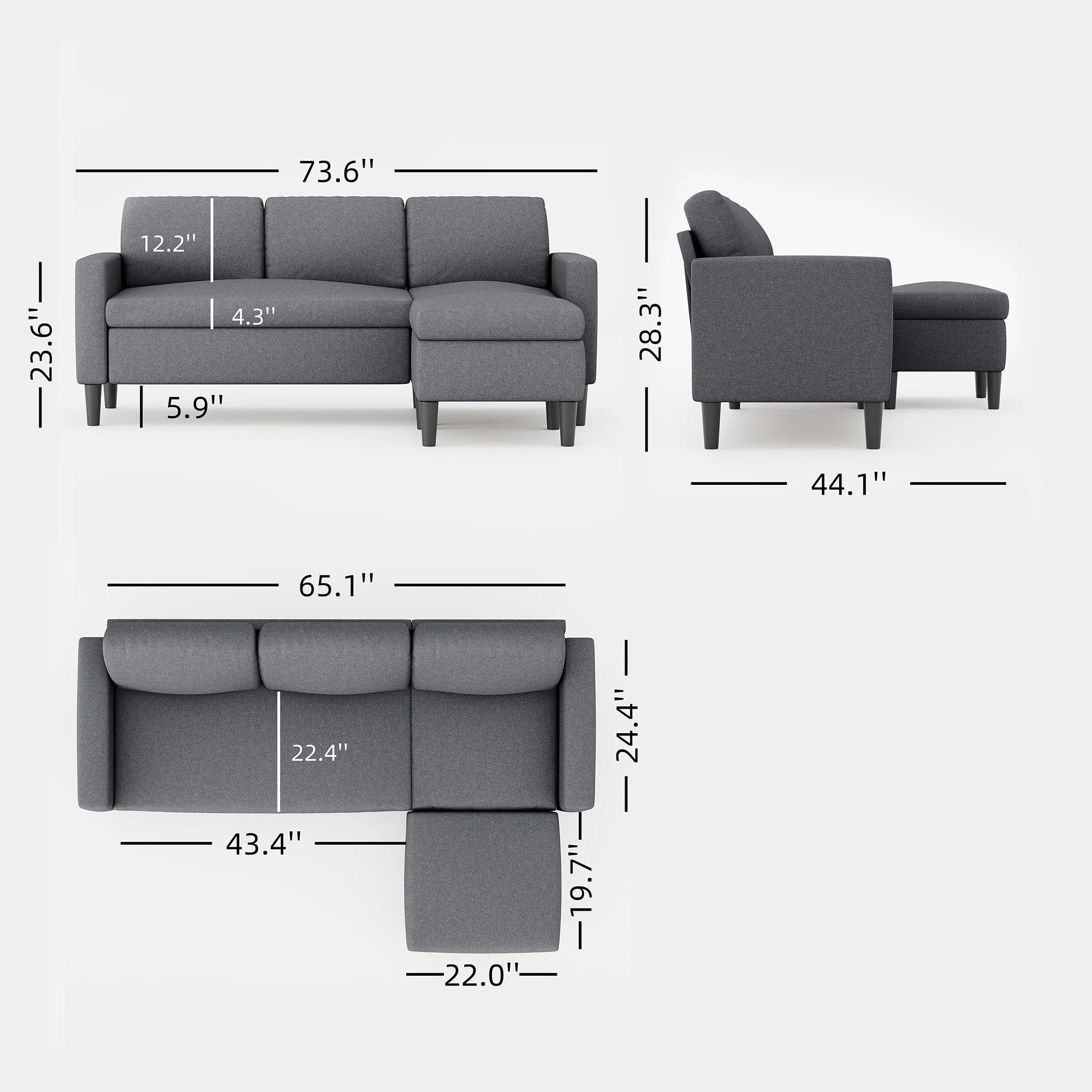 Walsunny Convertible Sectional Sofa Couch, L-Shaped with Reversible Chaise, Grayish Black A704