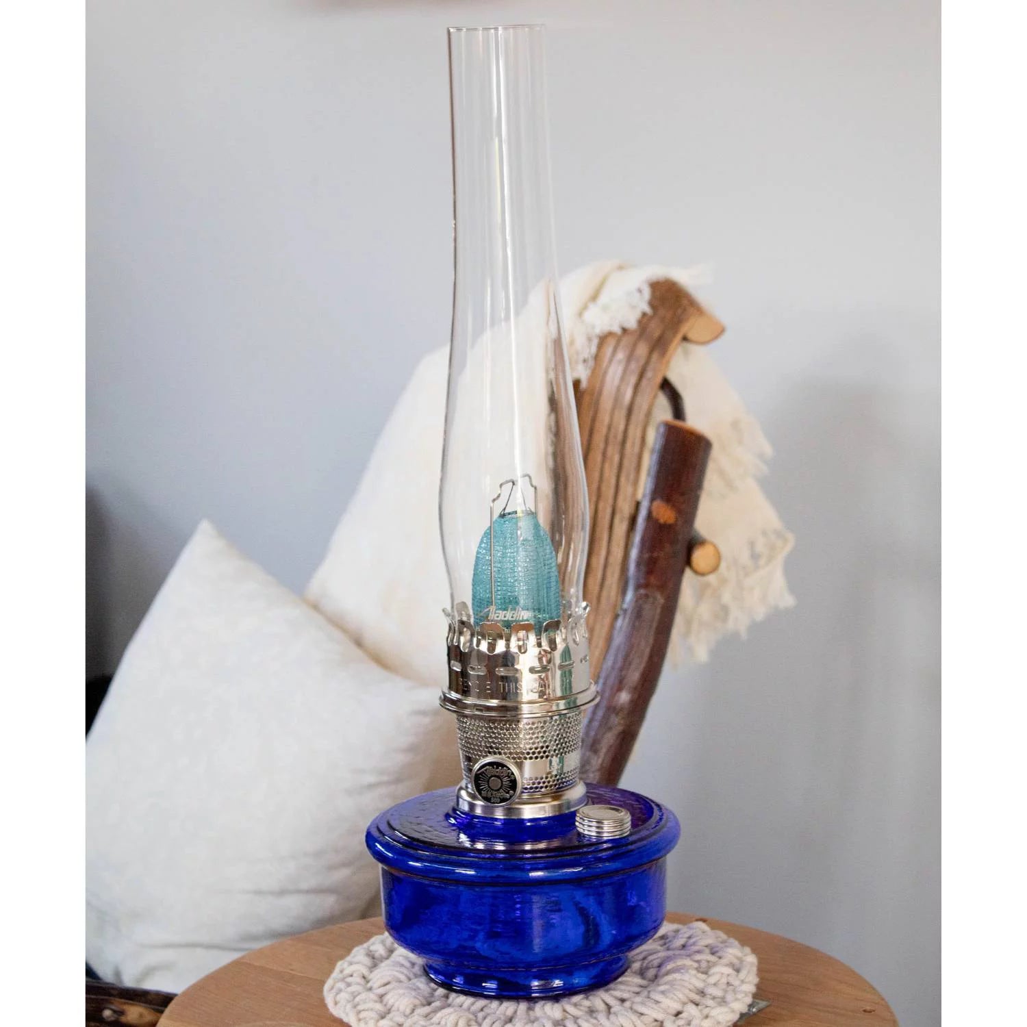 Aladdin Genie III Oil Lamp, Cobalt Blue Glass Bowl, Nickel Burner L25220