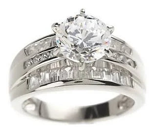 Diamonique Round u0026 Baguette Ring, Sterling or 14K Gold Clad, Size 7, Sterling Silver