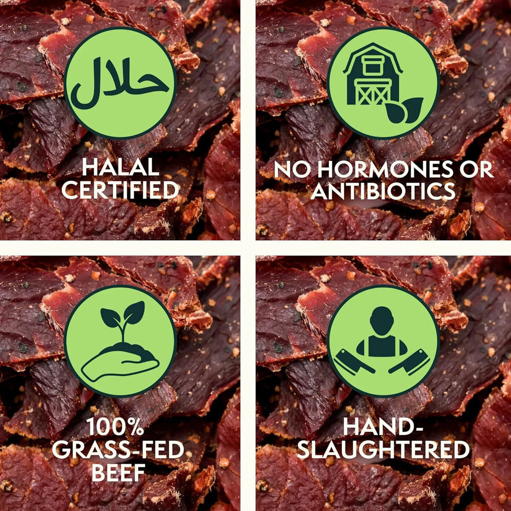 BOXED HALAL Premium 100% Grass-Fed Jalapeño Garlic Beef Jerky, 13g Protein, Keto Friendly, 3 Oz. Bags (3 Pack) G829