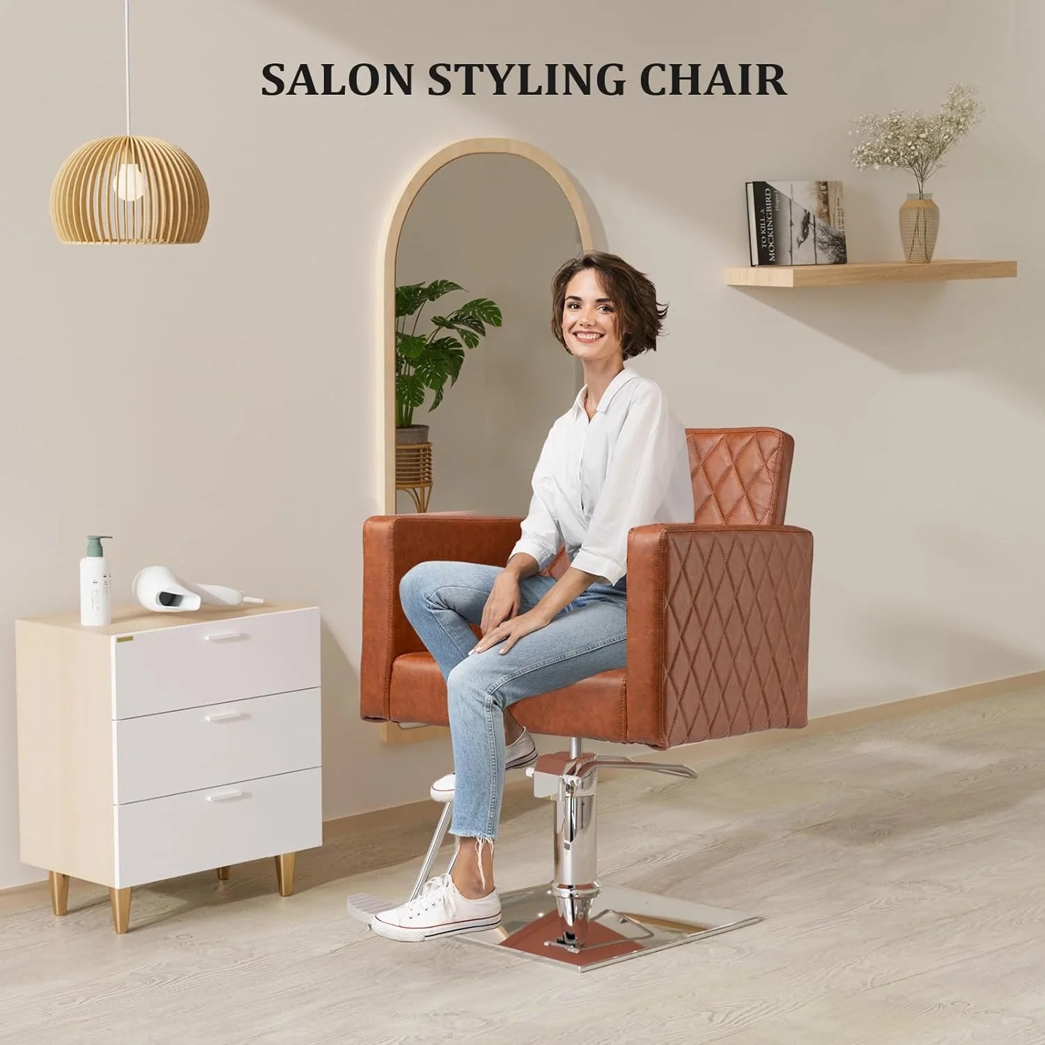 Salon Chair for Hair Stylist, Hydraulic Barber Chair with Aluminium Footrest, Brown M2726