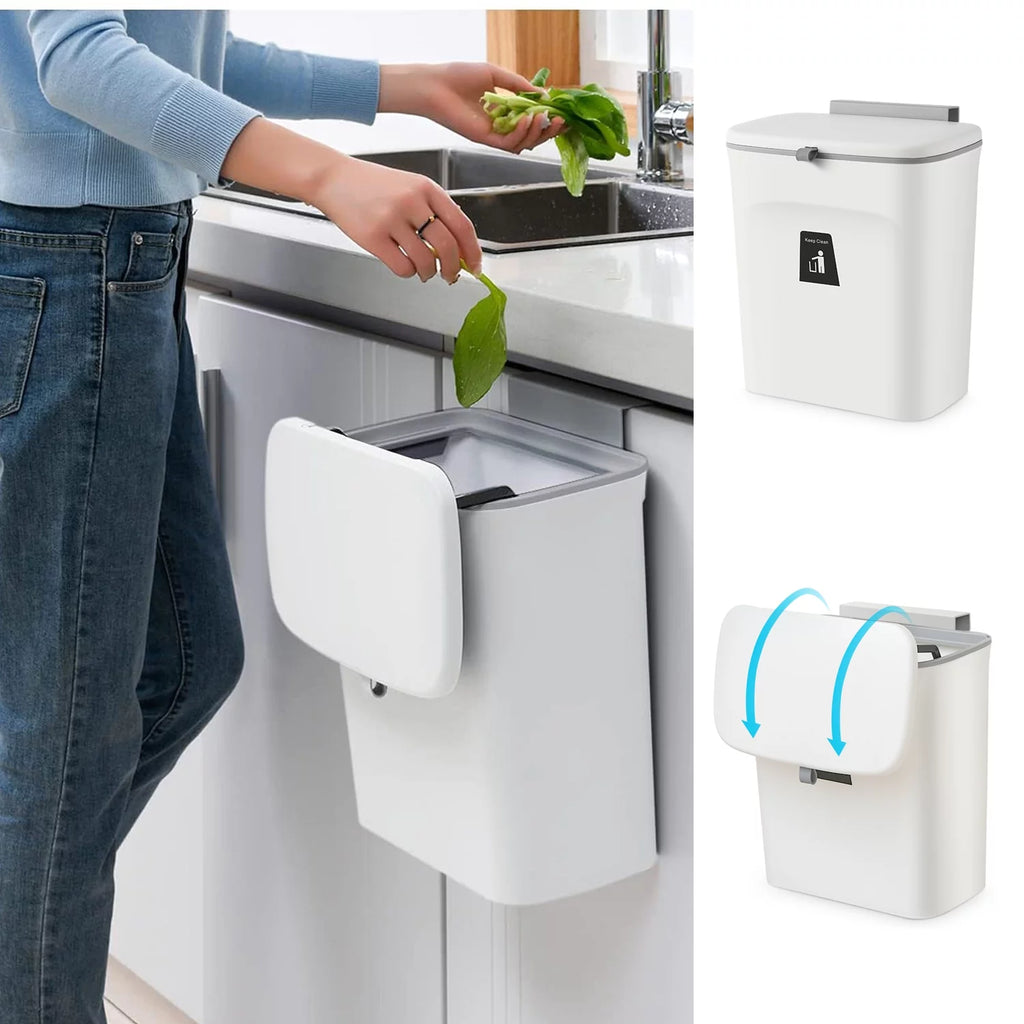 2.4 Gal Hanging Trash Can for Kitchen Cabinet Door with Lid, Small Under Sink Garbage Can for Bathroom, Wall Mounted Counter Waste Compost Bin