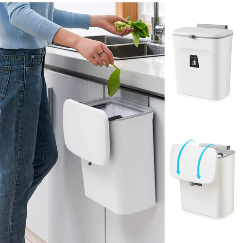 2.4 Gal Hanging Trash Can for Kitchen Cabinet Door with Lid, Small Under Sink Garbage Can for Bathroom, Wall Mounted Counter Waste Compost Bin