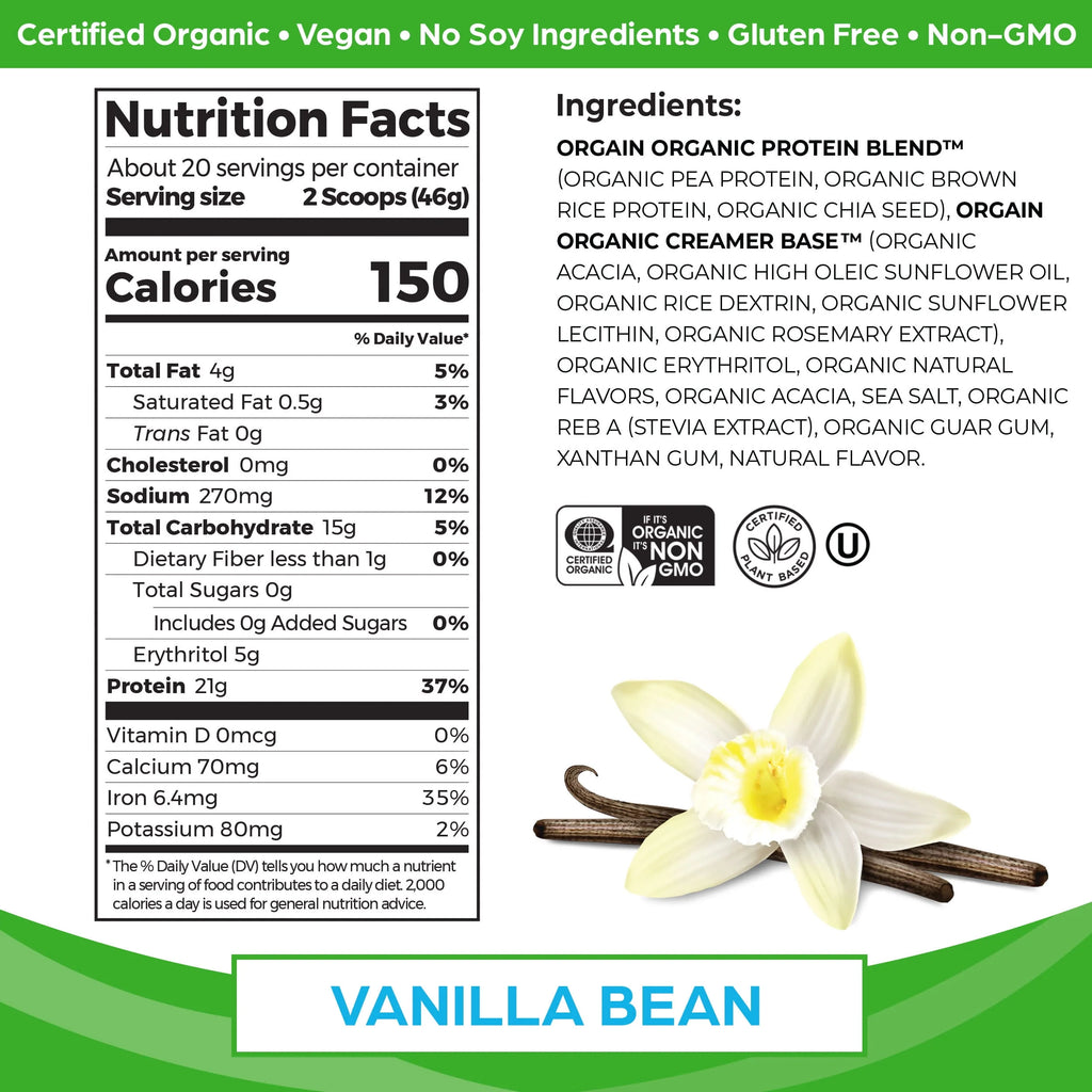 Orgain Organic Vegan Protein Powder, Vanilla Bean, 2.03lb H721719