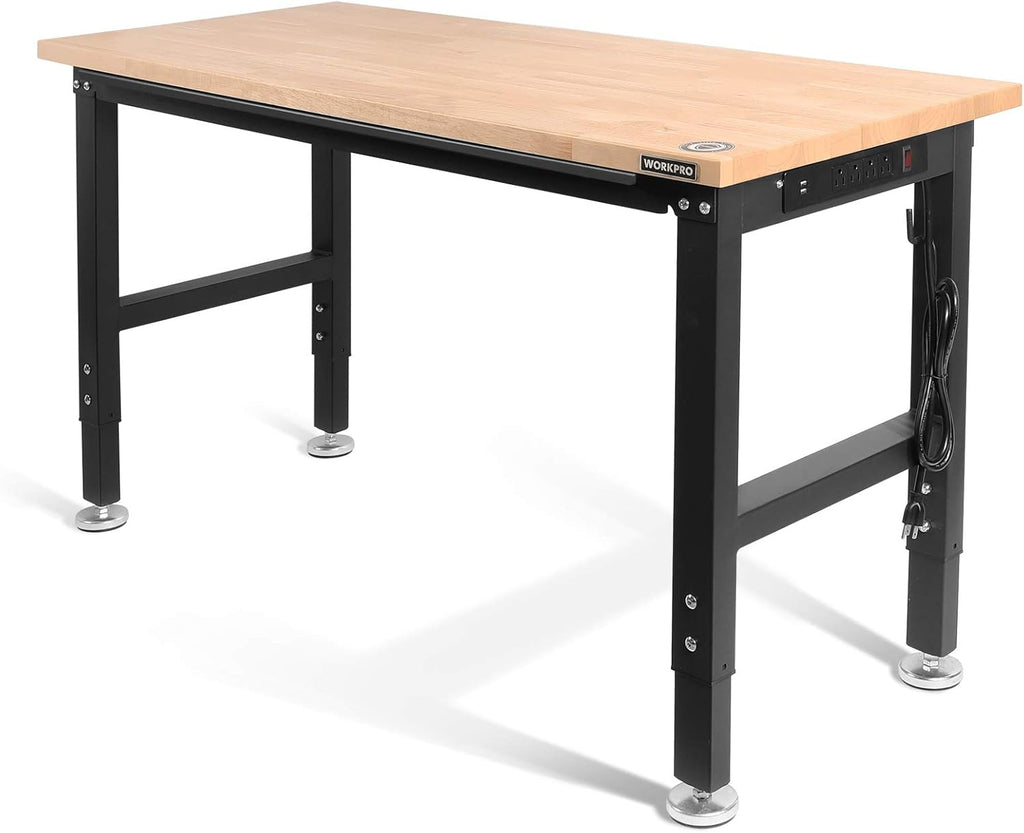 WORKPRO 48" Adjustable Workbench, Rubber Wood Top Heavy-Duty Workstation, 2000 LBS Load Capacity Hardwood Worktable with Power Outlets, for Workshop, Garage, Office, Home