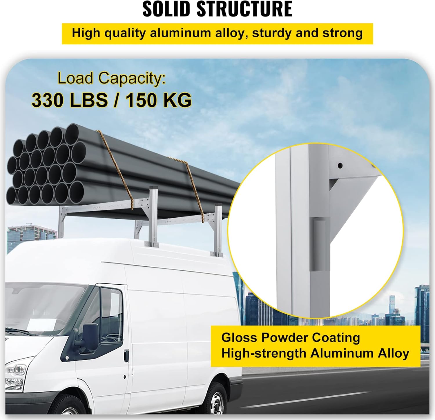 VEVOR Universal Roof Ladder Rack for Vans, 2 Bars Adjustable Aluminum, 330 LBS Capacity J68281