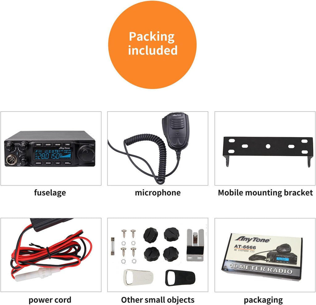 AnyTone AT-6666 10 Meter Radio for Truck, SSB/FM/AM/PA, 60W PEP R258647