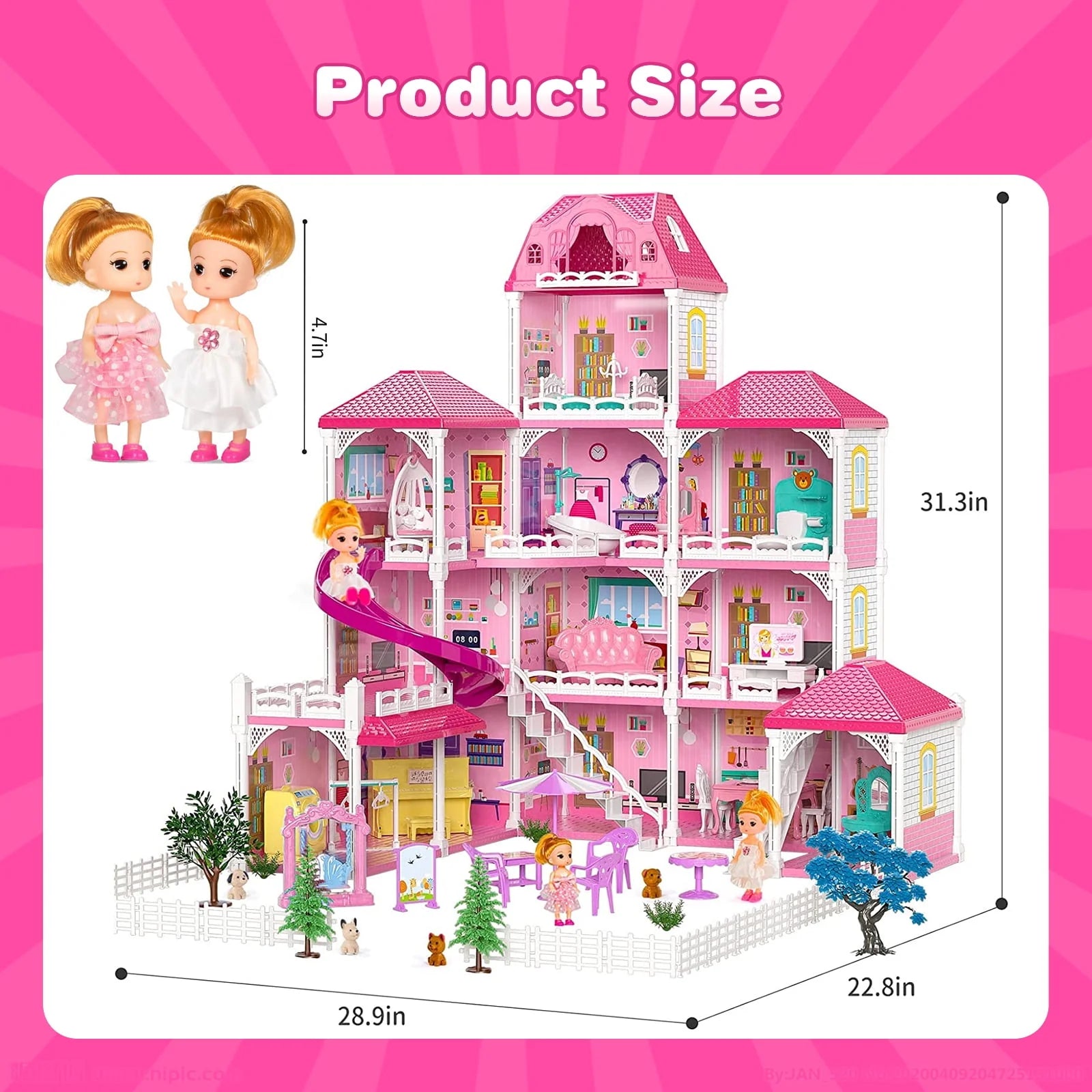 HopeRock Dollhouse for Girls, 4-Story 12 Rooms with 2 Dolls O6260