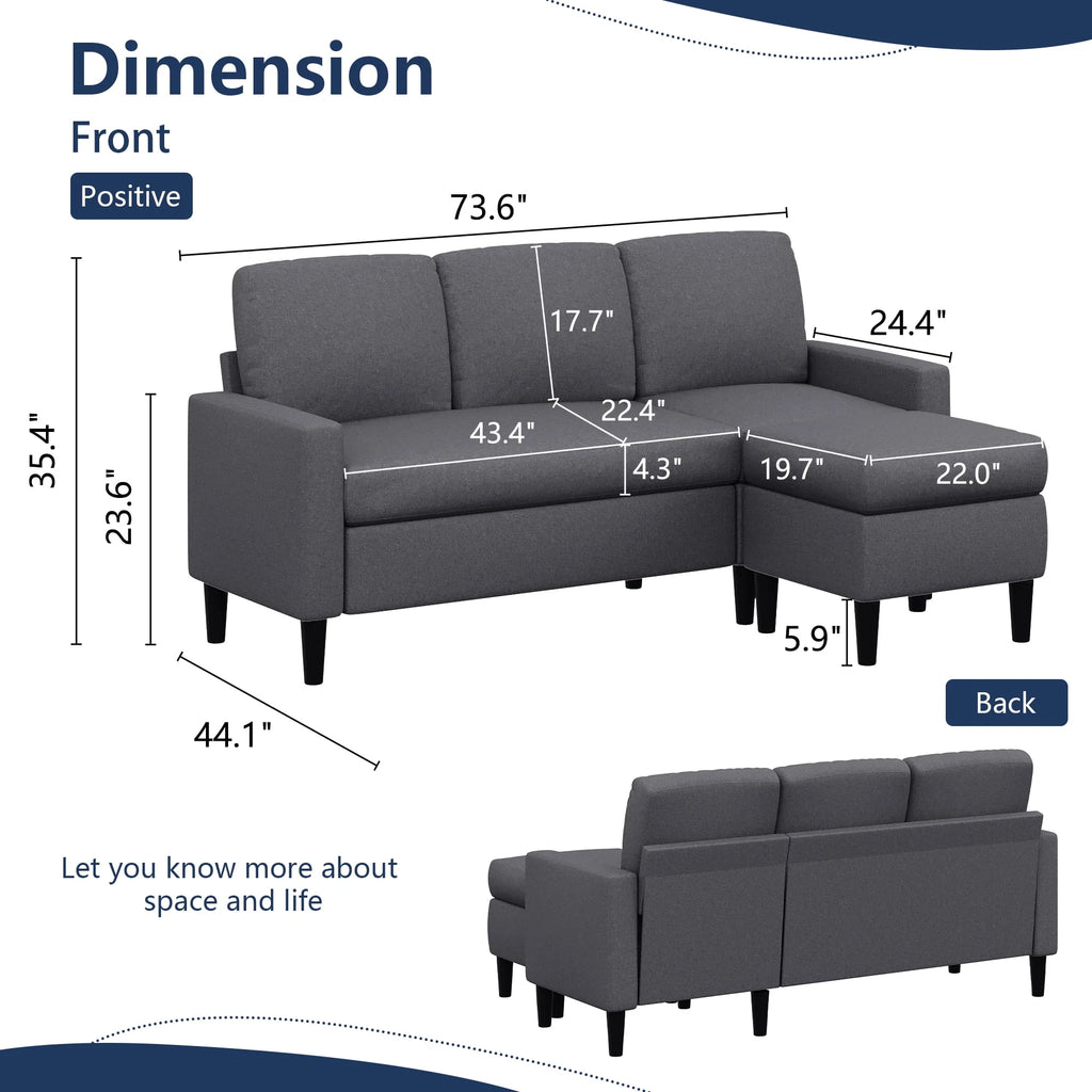 Walsunny Convertible Sectional Sofa Couch, L-Shaped with Reversible Chaise, Grayish Black A704