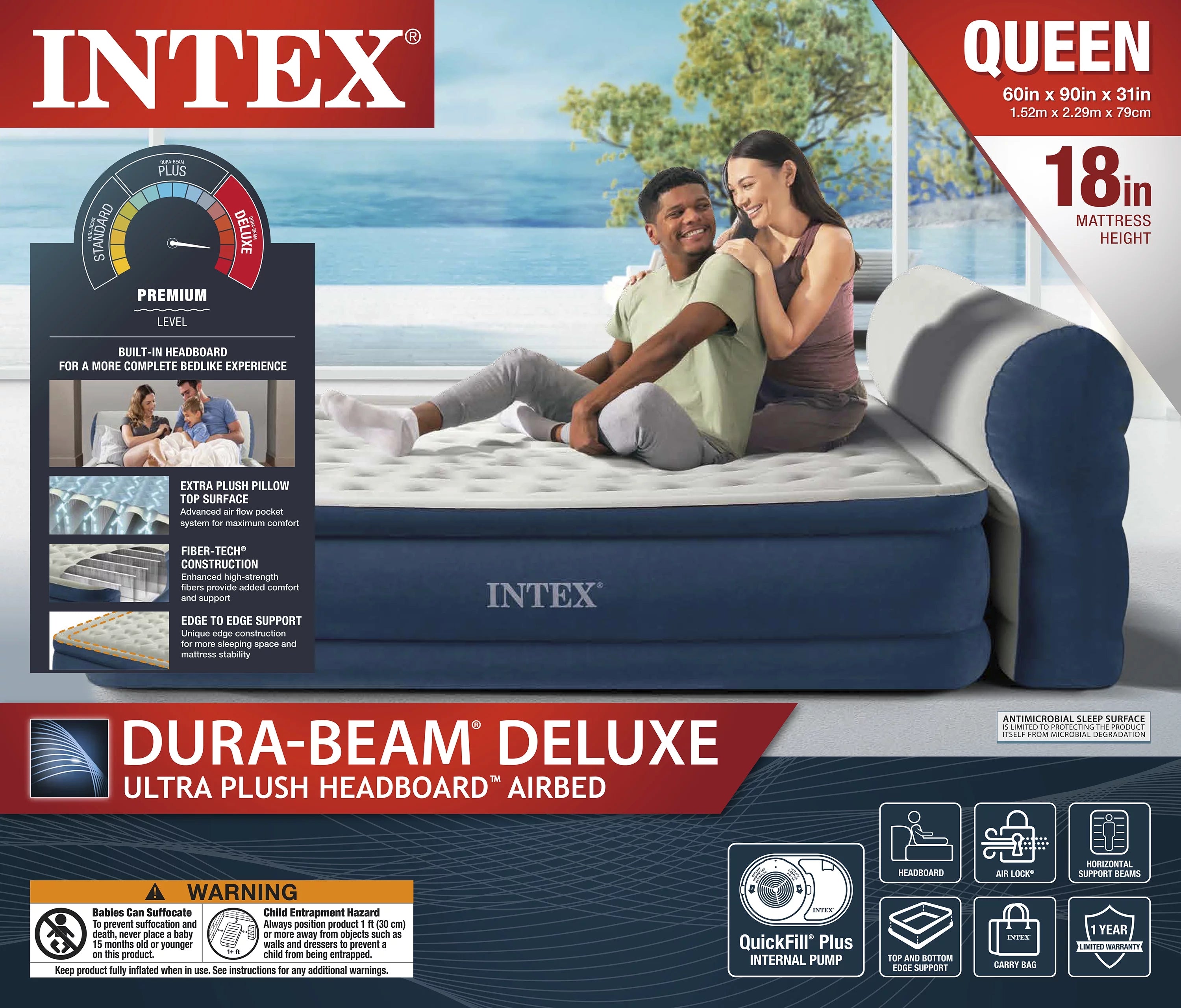 Intex Dura-Beam Deluxe Ultra Plush Queen Air Bed with Built-in Pump G799996