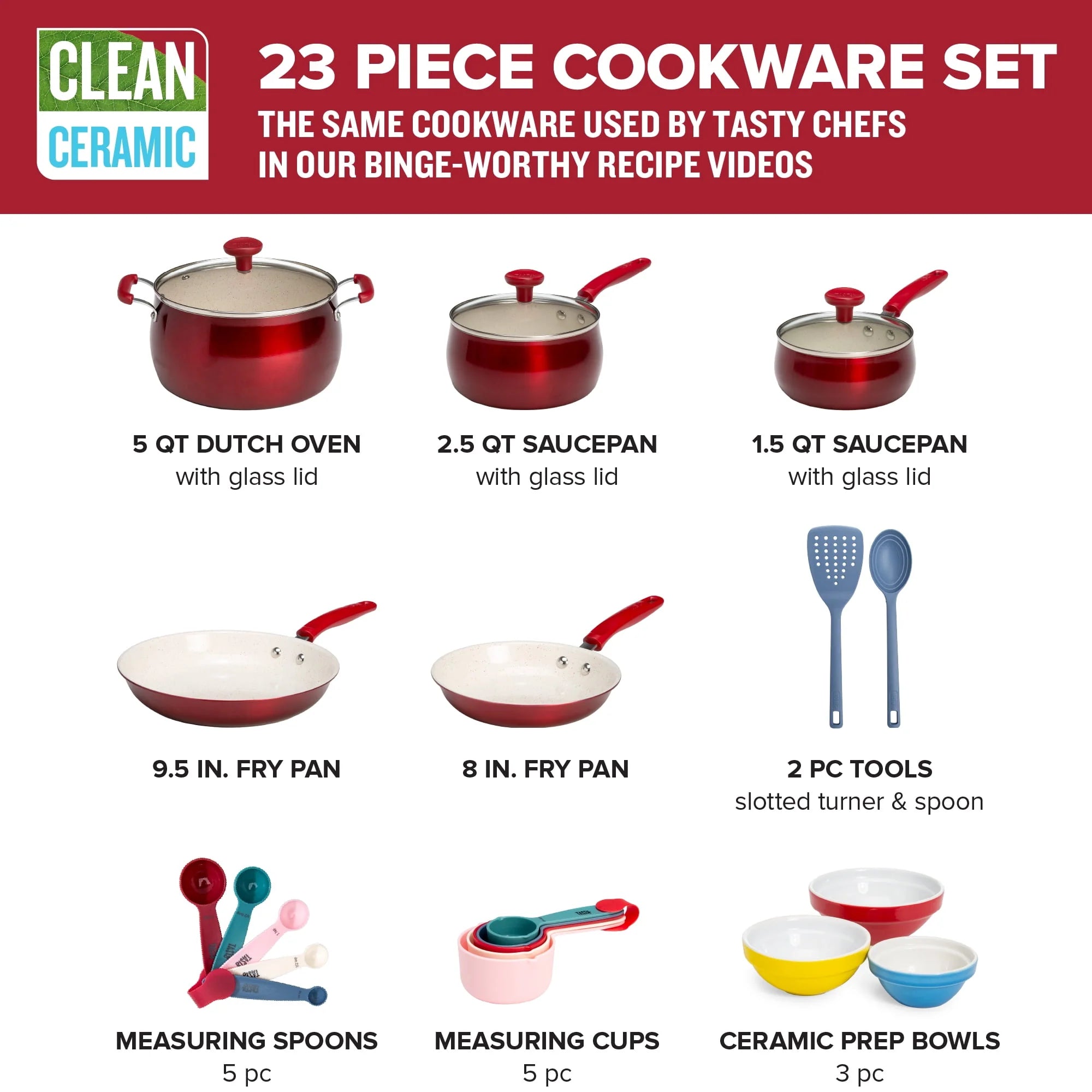 Tasty Clean Ceramic 23 Piece Non-Stick Aluminum Cookware Set, Red D32601