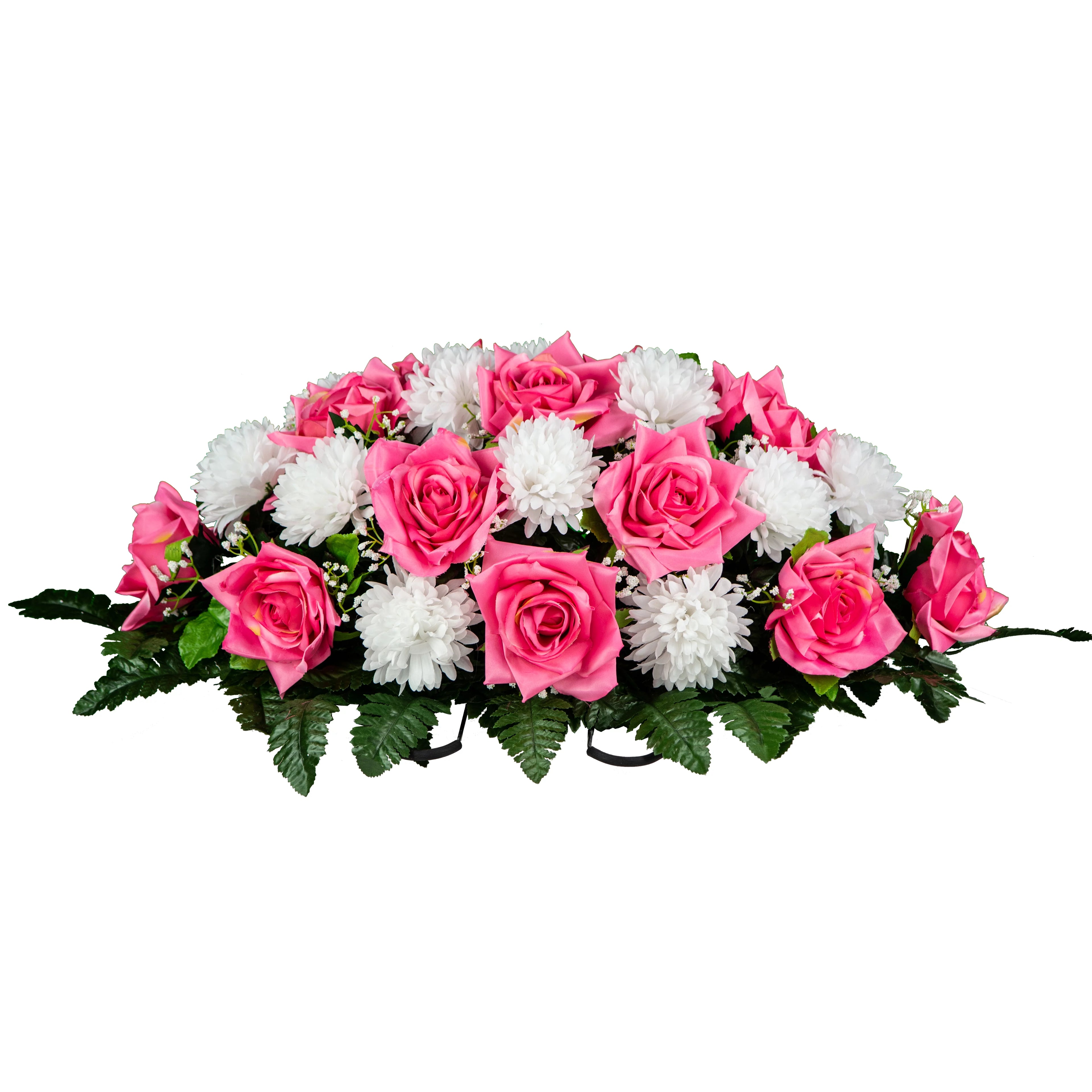 Sympathy Silks Artificial Cemetery Flowers 30" Beauty Pink Open Rose/White Mum Saddle S7779