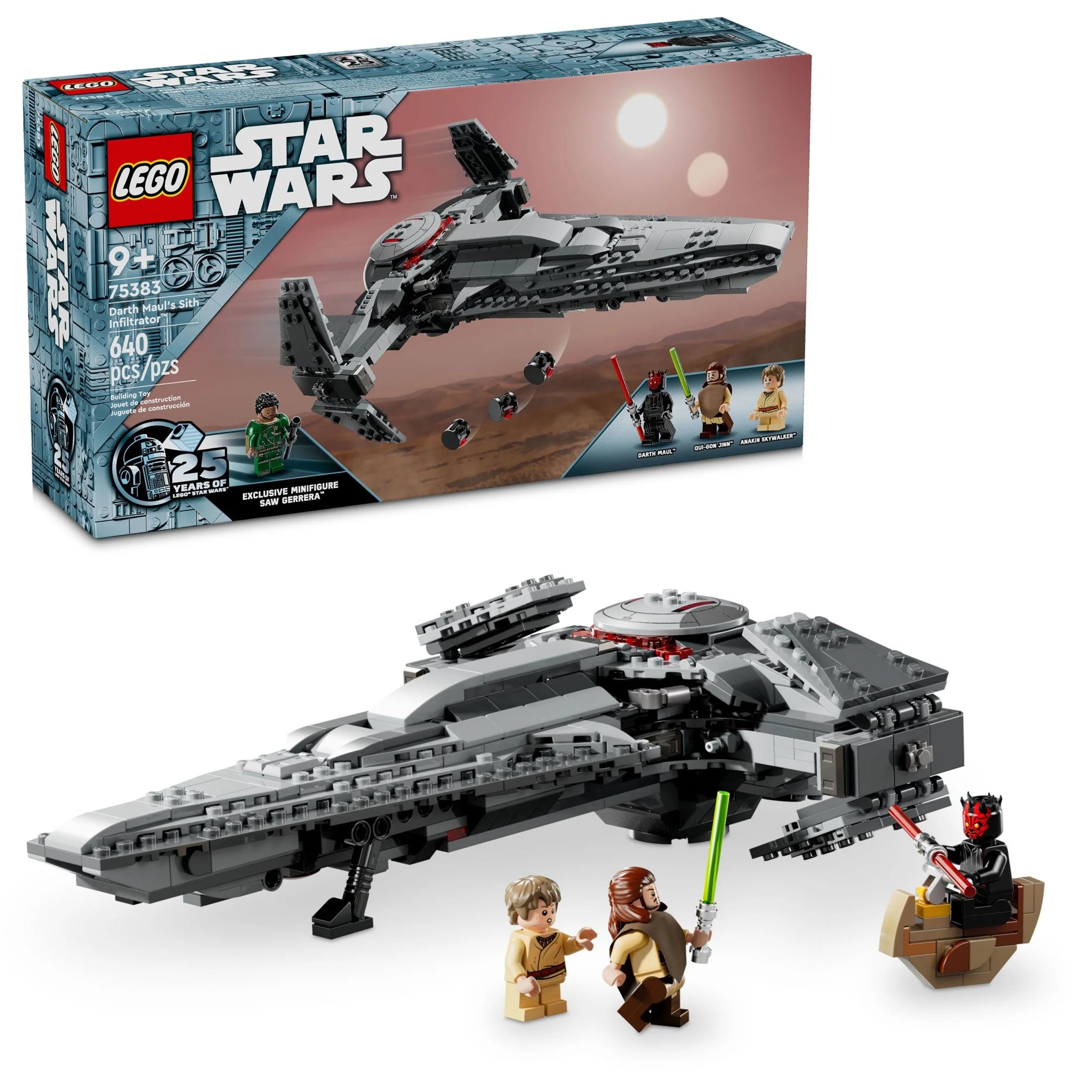 LEGO Star Wars: The Phantom Menace Darth Maul's Sith Infiltrator, Starship Toy, Includes Qui-Gon Jinn, Darth Maul, Anakin Skywalker, and Exclusive 25th Anniversary Saw Gerrera Minifigure, 75383