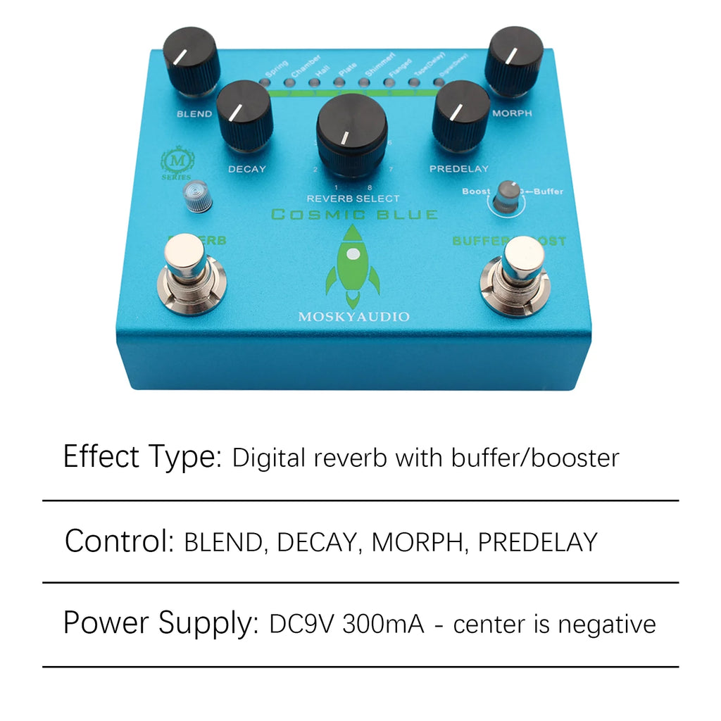 MOSKYAudio Guitar Effect Pedal Digital Reverb with 8-Mode Selection, COSMIC BLUE L67231