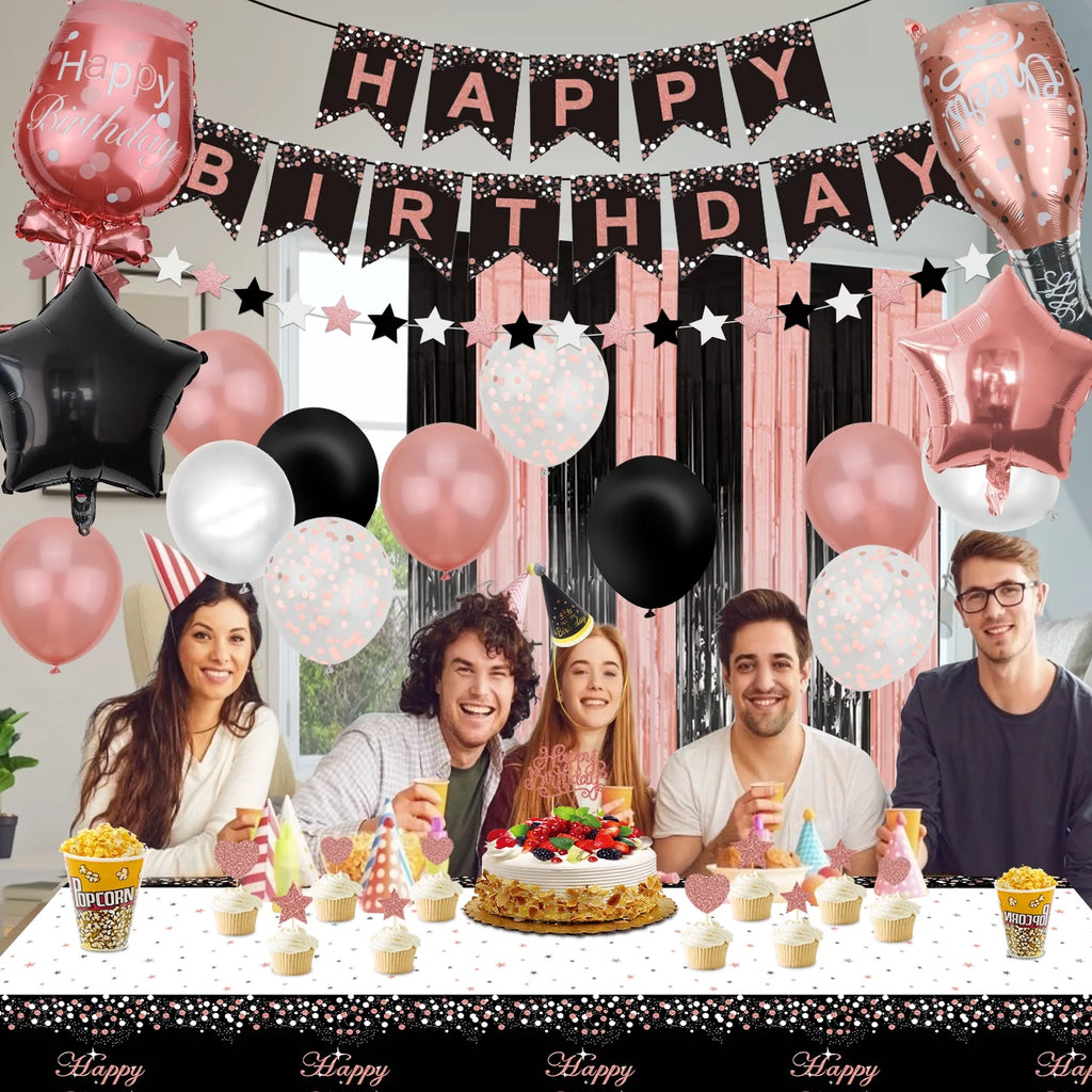 Rose Gold and Black Birthday Party Decorations with Banner, Balloons, Tablecloth and Cake Topper N340932