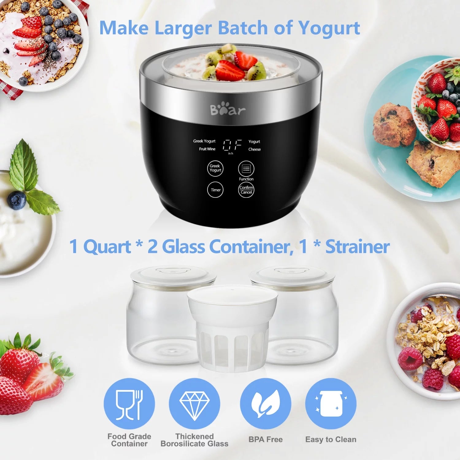 Bear Digital Greek Yogurt Maker with 2 Glass Jars V575920