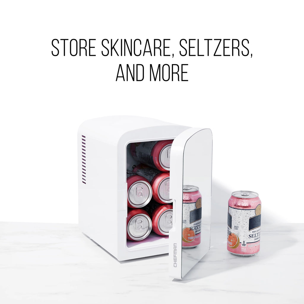 Chefman Portable Mirrored 4L Mini Fridge with Heating and Cooling, Pink R63610