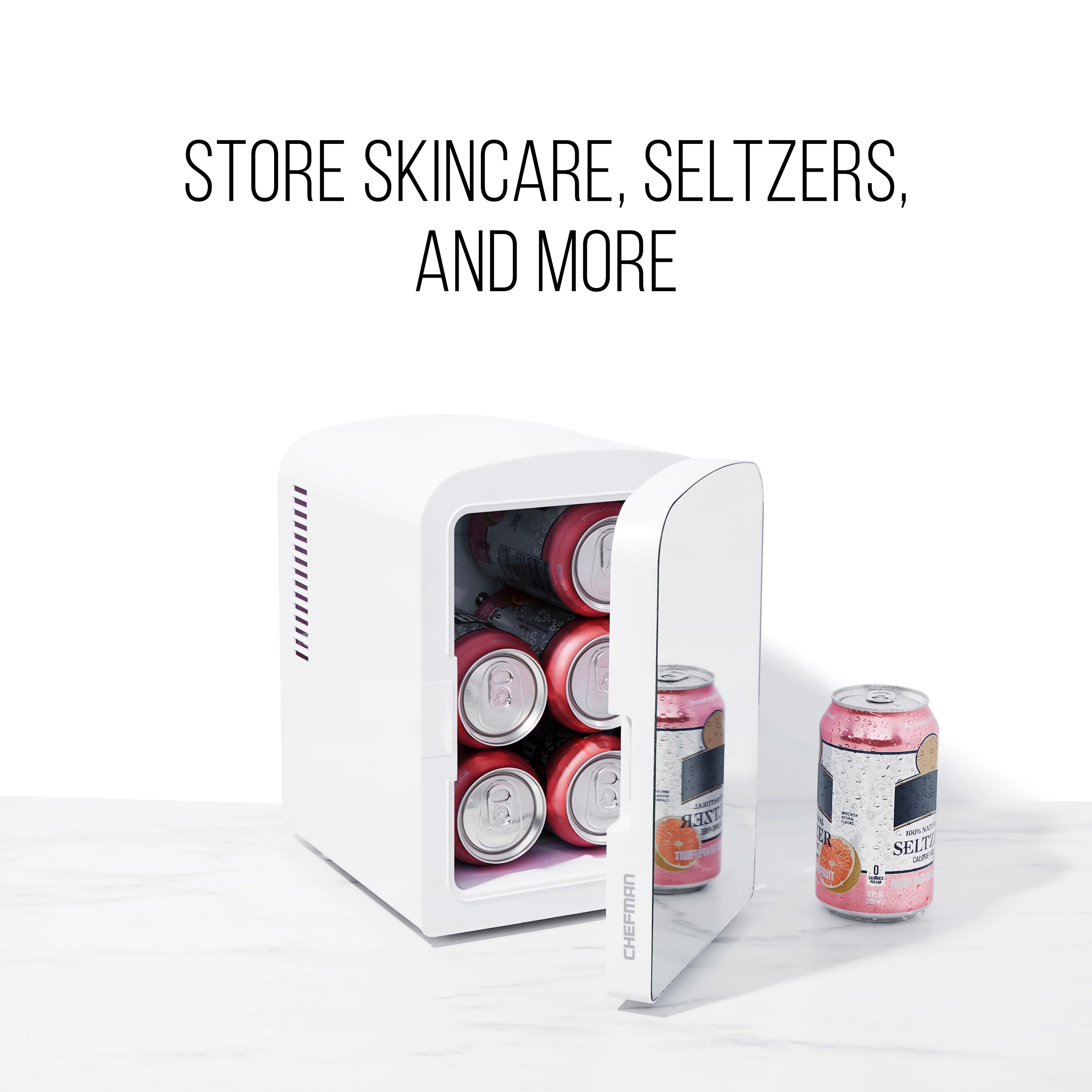 Chefman Portable Mirrored 4L Mini Fridge with Heating and Cooling, Pink R63610