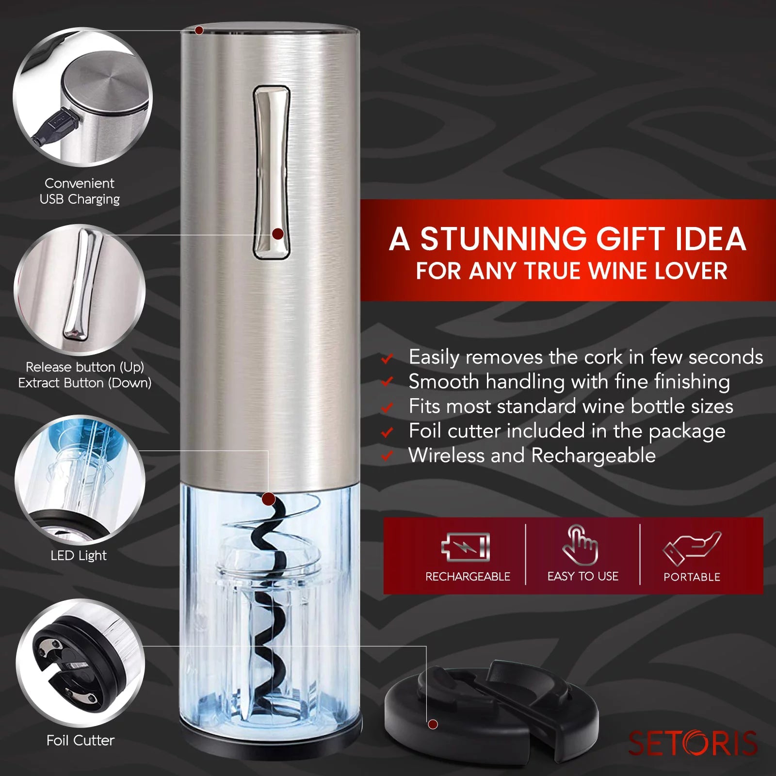 SETORIS Electric Wine Opener with Foil Cutter, Rechargeable Stainless Steel P59641