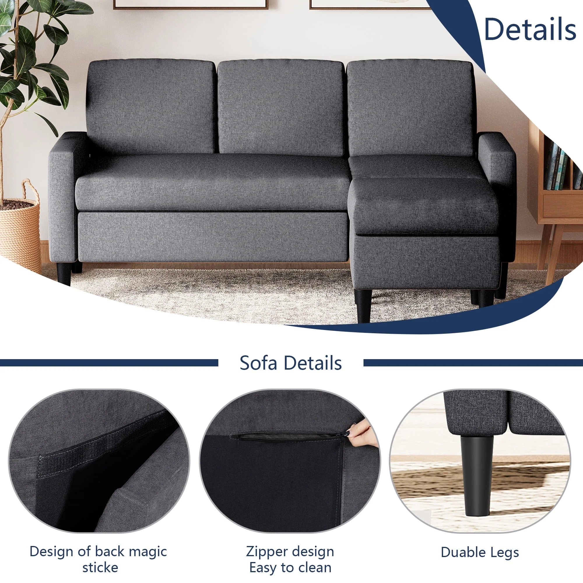 Walsunny Convertible Sectional Sofa Couch, L-Shaped with Reversible Chaise, Grayish Black A704
