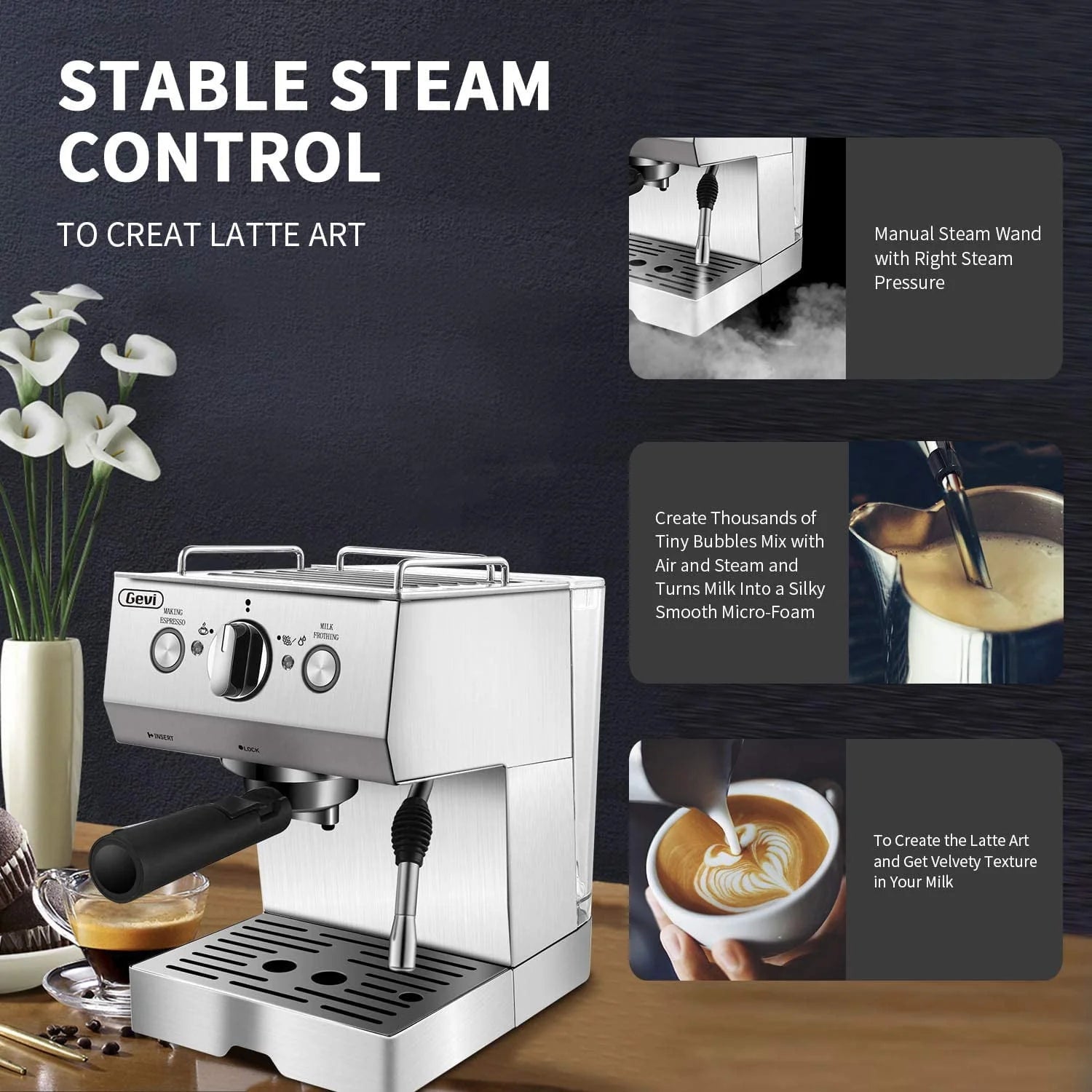 GEVI Silver Stainless Steel 15 Bar Espresso Machine Y2755