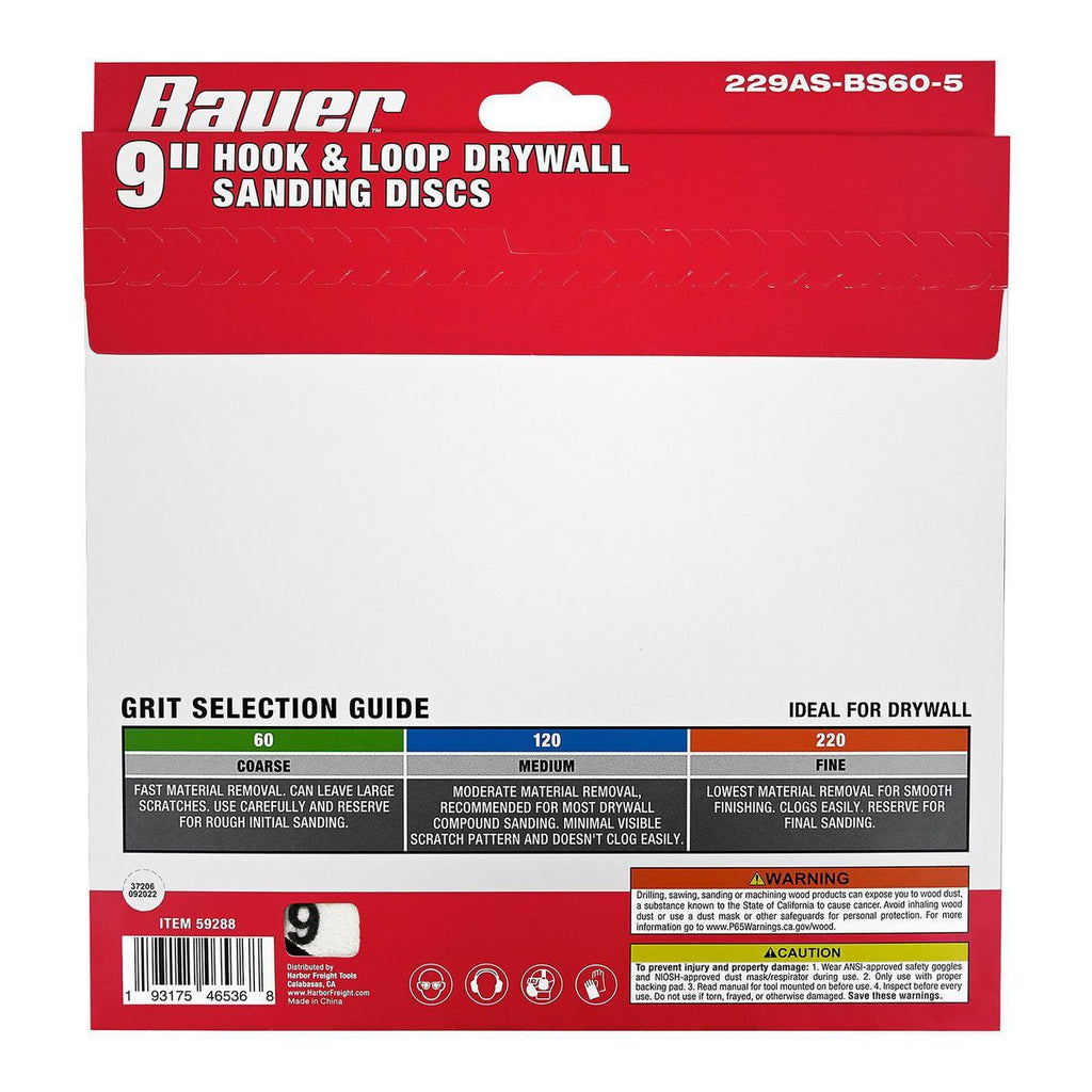 BAUER 9 in. 60 Grit Hook and Loop Drywall Sanding Discs, 5 Pack B7178