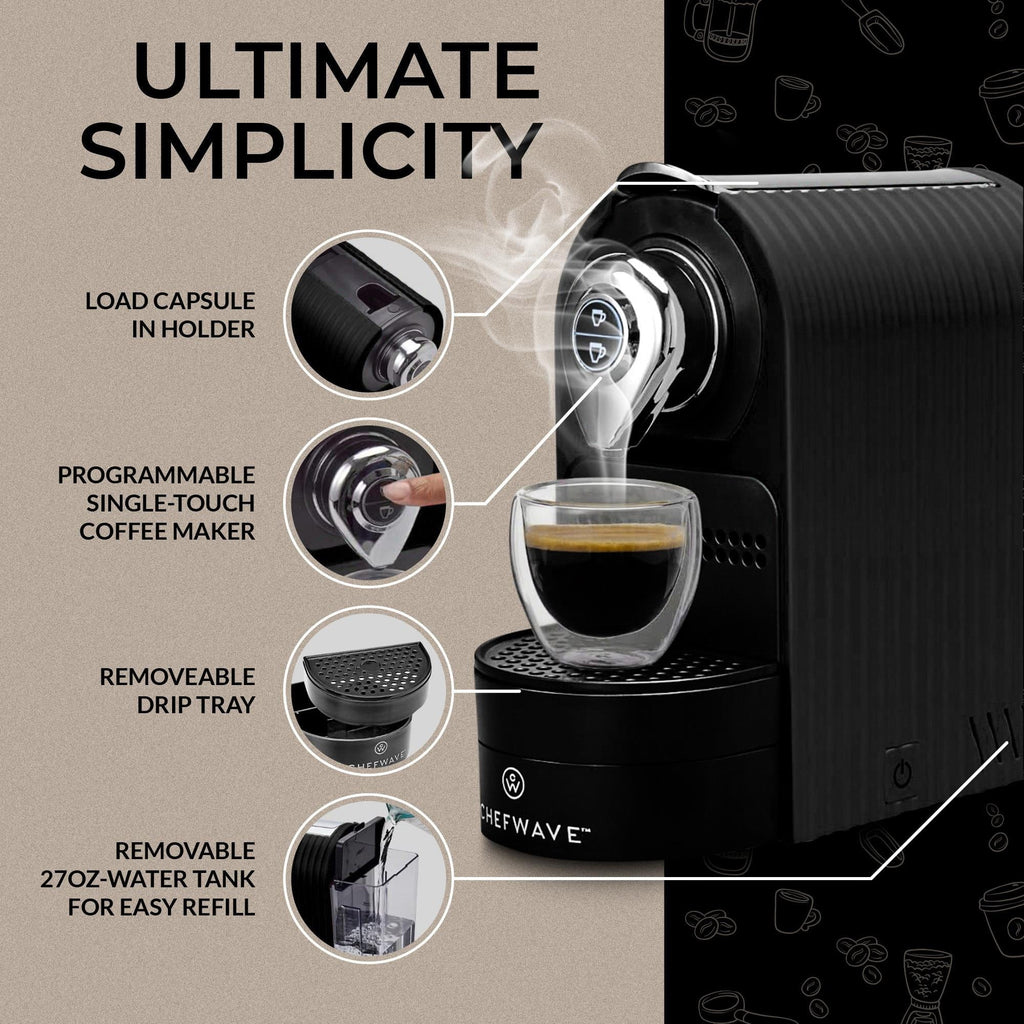 ChefWave Espresso Machine for Nespresso Capsules, Black, with Holder and Cups Z2142