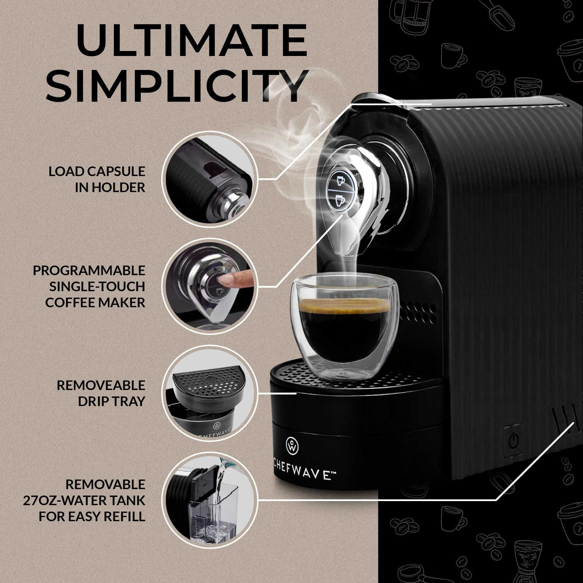 ChefWave Espresso Machine for Nespresso Capsules, Black, with Holder and Cups Z2142