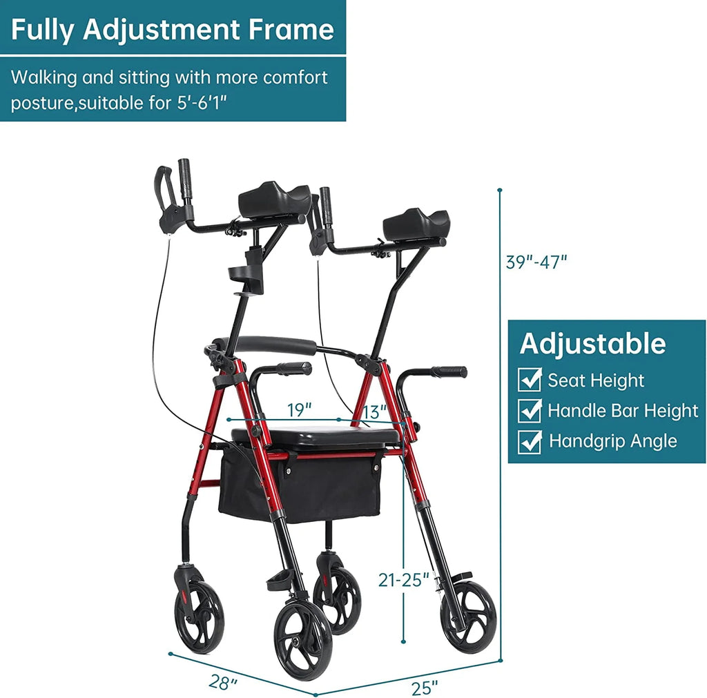 ELENKER Stand Up Folding Rollator Walker with Seat, Red F918